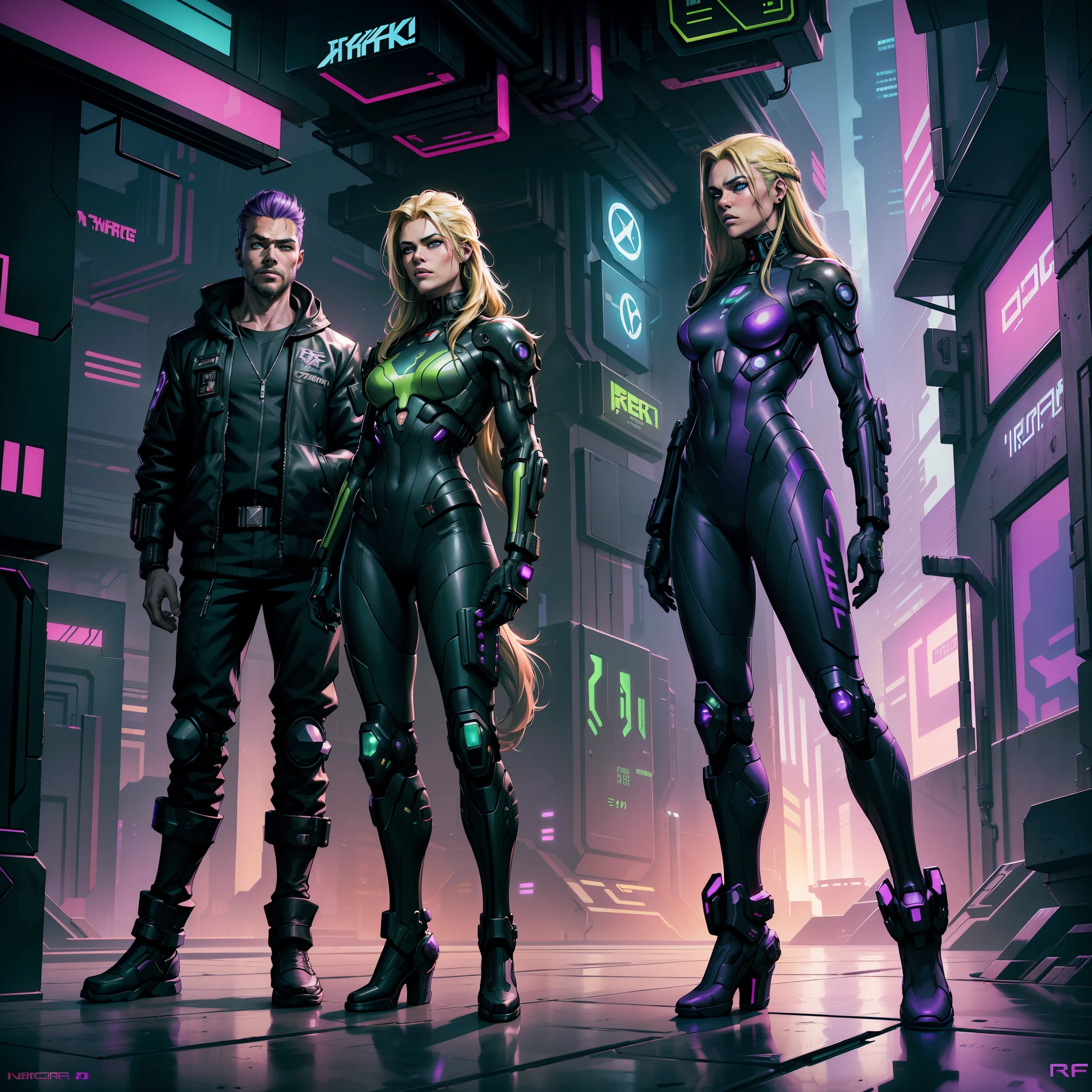 cyberpunk by emb-rrf2:1.0),(highly detailed:1.2),(best quality:1.2),(8k:1.2), (1man), sharp focus,(subsurface scattering:1.1),award-winning photography, profile (cyberpunk hero: 1.2), neon glow, centered face, Brad Pitt face, blue eyes, beard and goatee, ((full body shot:1.1)), (standing in a futuristic spaceport: 1.3), ((long blonde hair: 1.1)), ( cyberpunk green and purple combat suit:1.3), (very detailed background:1.2),(sci-fi:1.0), (knollingcase:1.0),(dreamlikeart:1.1), dramatic lighting