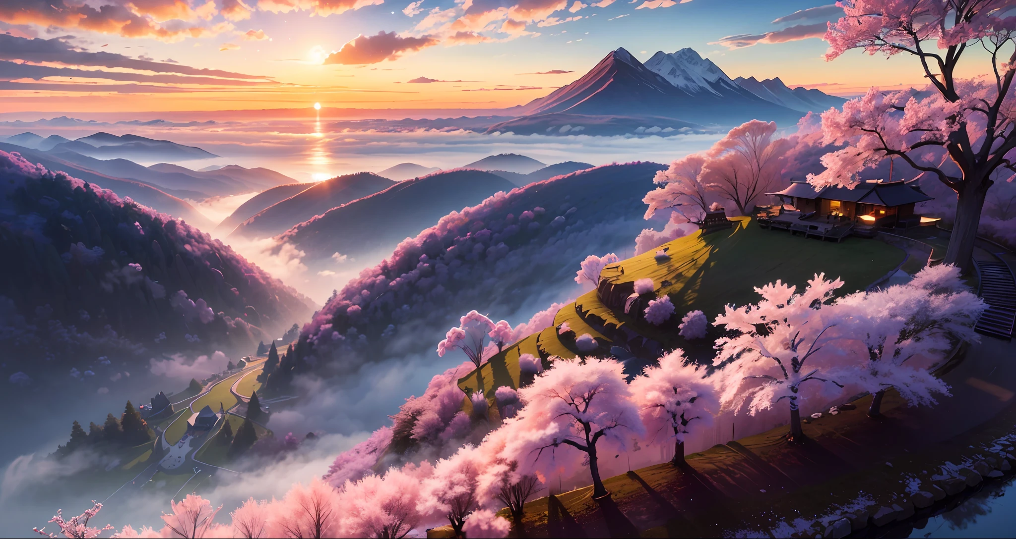 (masterpiece, best quality:1.2), ultra detailed, cinematic lighting, HDR, ilustration, landsape, sunrise, cherry blossom, impressive, chill, inspirational,