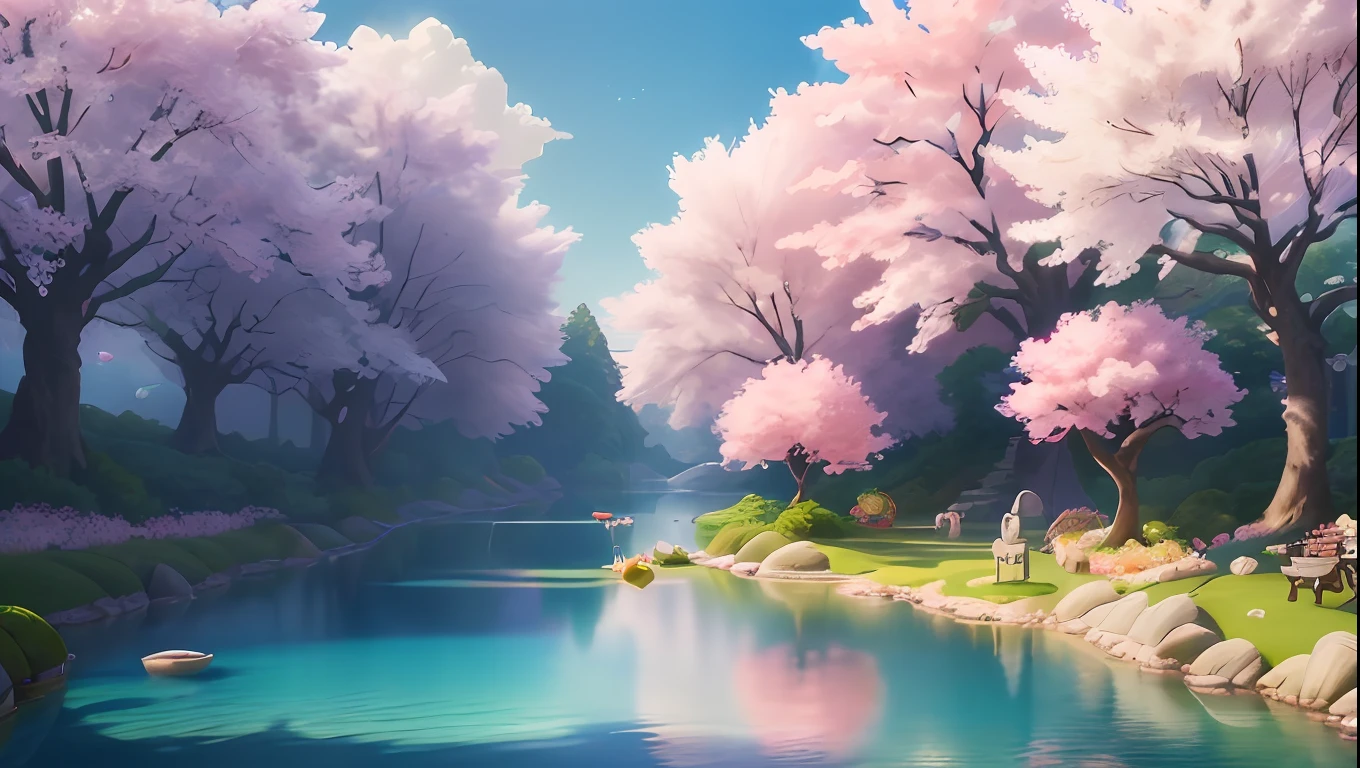 Masterpiece, best quality, (very detailed CG unity 8k wallpaper) (best quality), (best illustration), (best shadows) Critters Vibrant colors, water, natural beauty, peaceful oasis , cherry blossom tree, petals floating in the air, blue sky wonderland ray tracing, ultra-detailed --v6