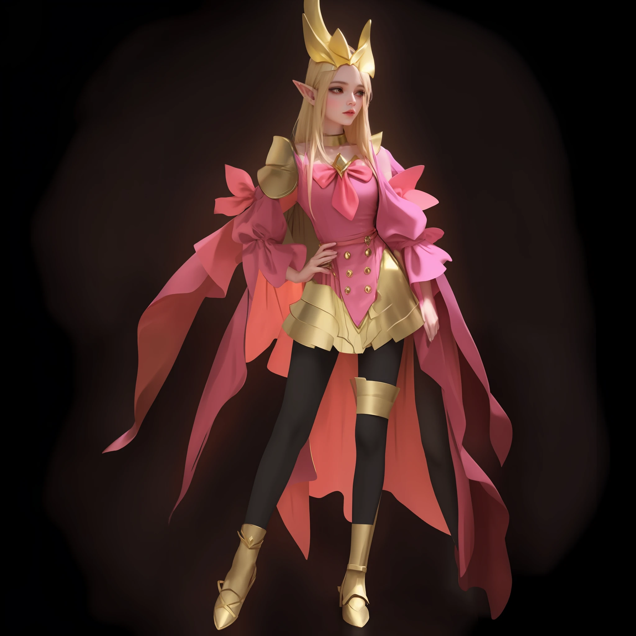Dressed in pink and gold costumes, beautiful elves, super detailed fantasy characters, humans : witches, beautiful witches, gorgeous cosplay, ((black background)),