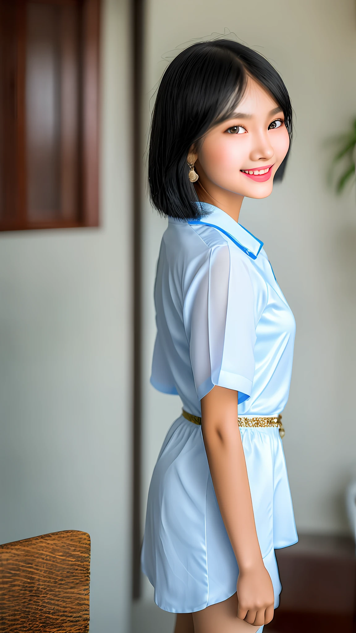 A Myanmar beautiful girl, , tall, fat black hair, short hair, blue eyes , pinky lipssmiling, beautiful smile, beautiful nose, best quality, 8k, masterpiece, porcelain skin, wearing blouse and short skirt, wearing high heel, full body display, realistic photo, 1girl, ultra realistic girl, ((( full body from head to toe)))