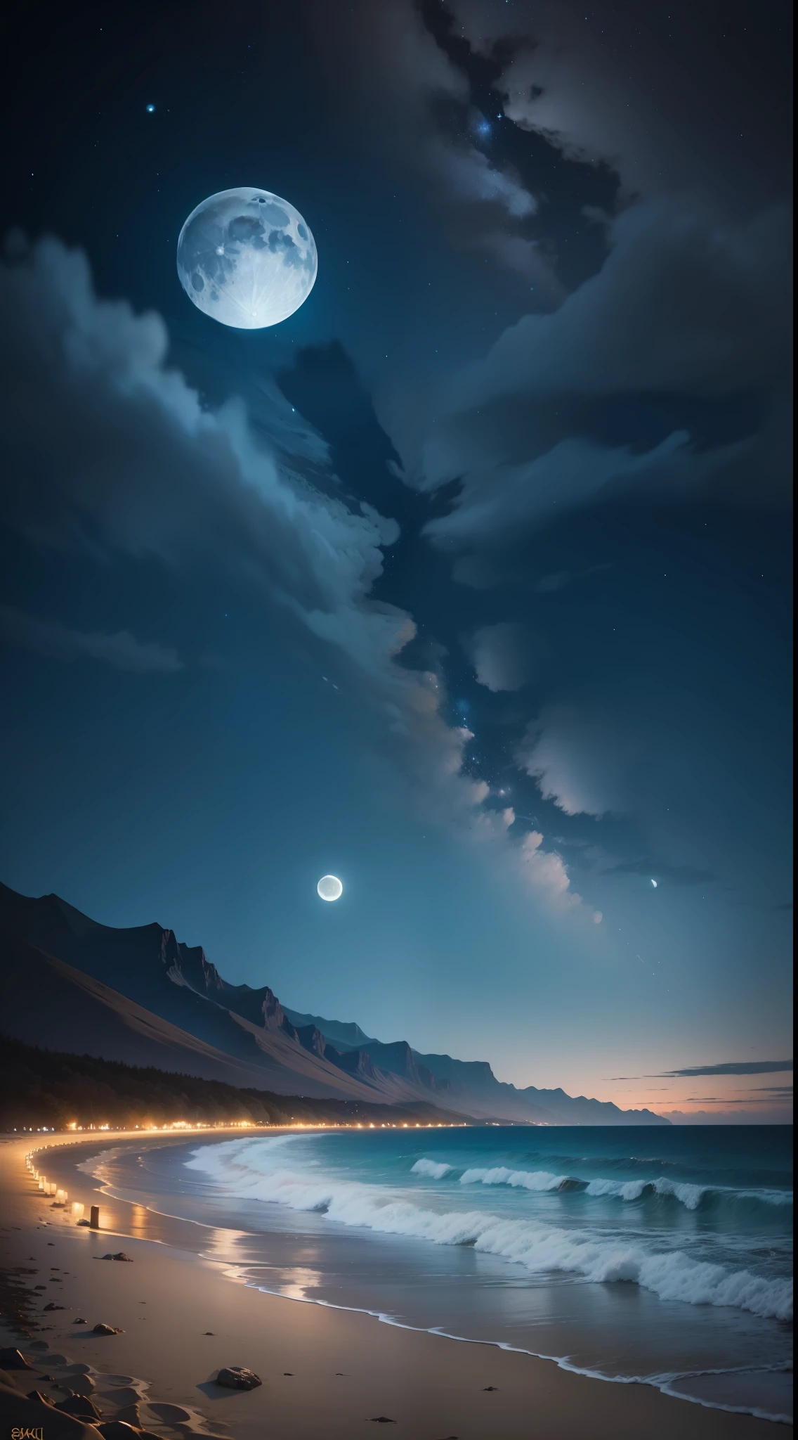 (long exposure) (8k) (no repeat moon) (oil painting) beach at night, mountains in the background, with the moon in the background, clear blue sea, sky with clouds and starry