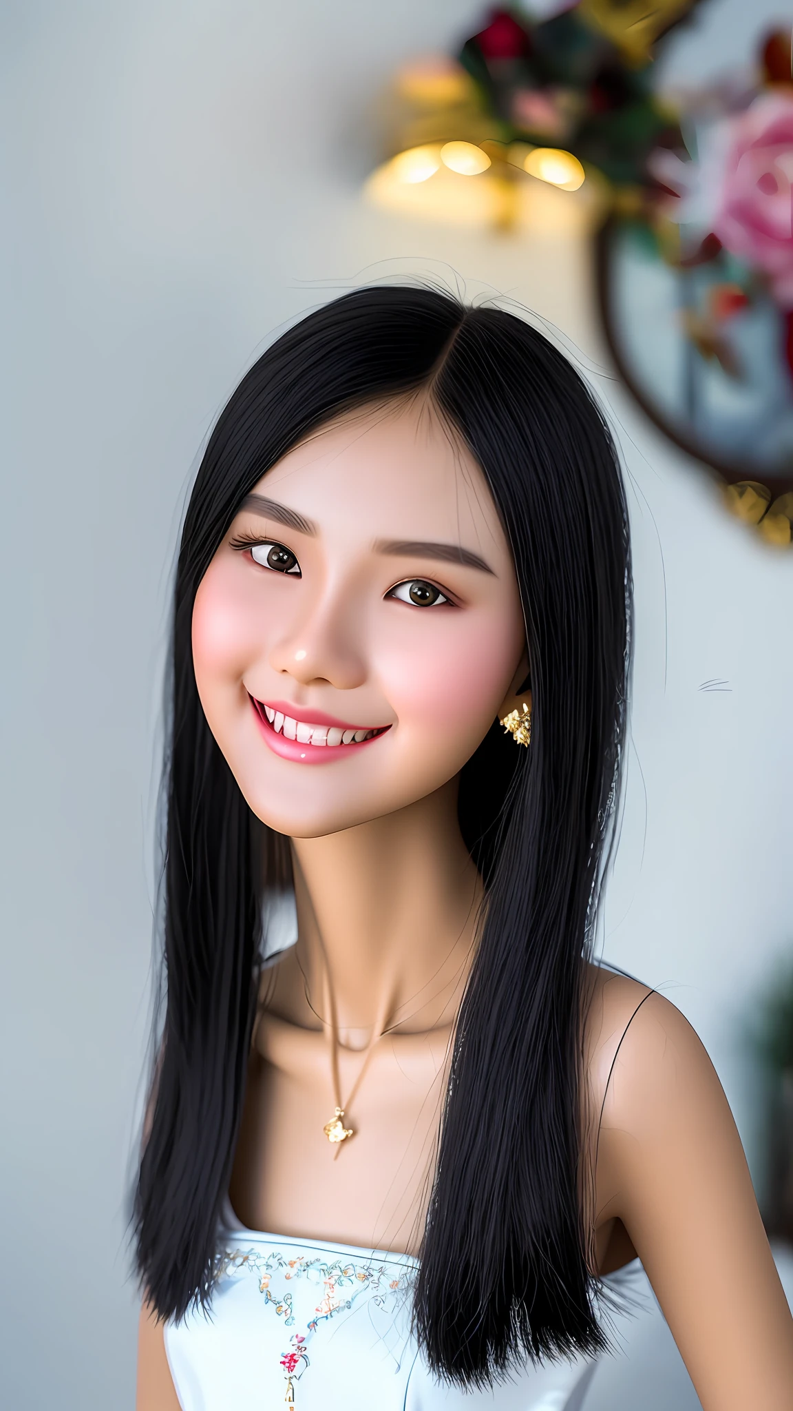 A Myanmar beautiful girl, 15 years old, tall, fat black hair, short hair, blue eyes , pinky lipssmiling, beautiful smile, beautiful nose, best quality, 8k, masterpiece, porcelain skin, wearing blouse and short skirt, wearing high heel, full body display, realistic photo, 1girl, ultra realistic girl, ((( full body from head to toe)))