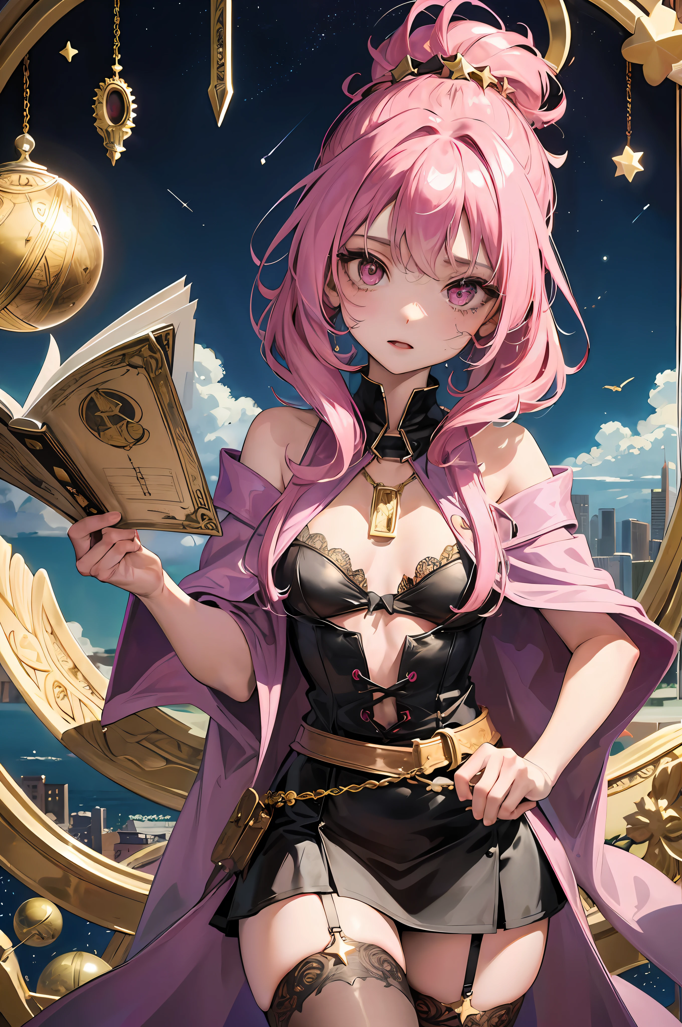 little witch, divination, masterpiece, best quality, super detailed, illustration, super detailed face, best face, city night, , loli, 1girl,ning expression, wit, star pendant, poor breast, scam, tarot cards, magician, pink ponytail, wizard robe, dress, children's underwear, stockings, tattoo, lots of gold coins, crystal balls, intricate details