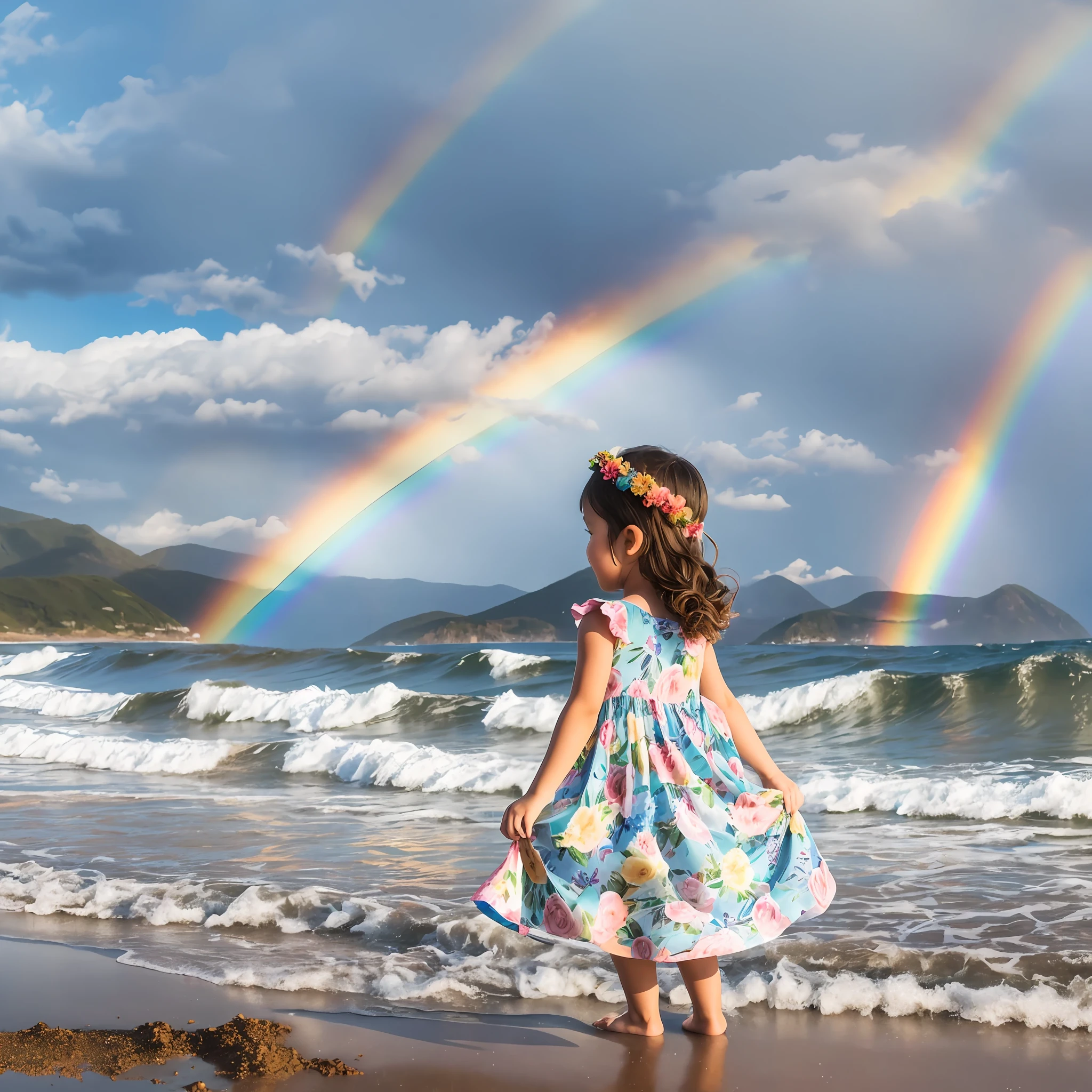 (seaside, beach, sun, light rain, mountains, rainbow, little girl in floral dress, 5 years old, waves), 8k, high quality --auto --s2