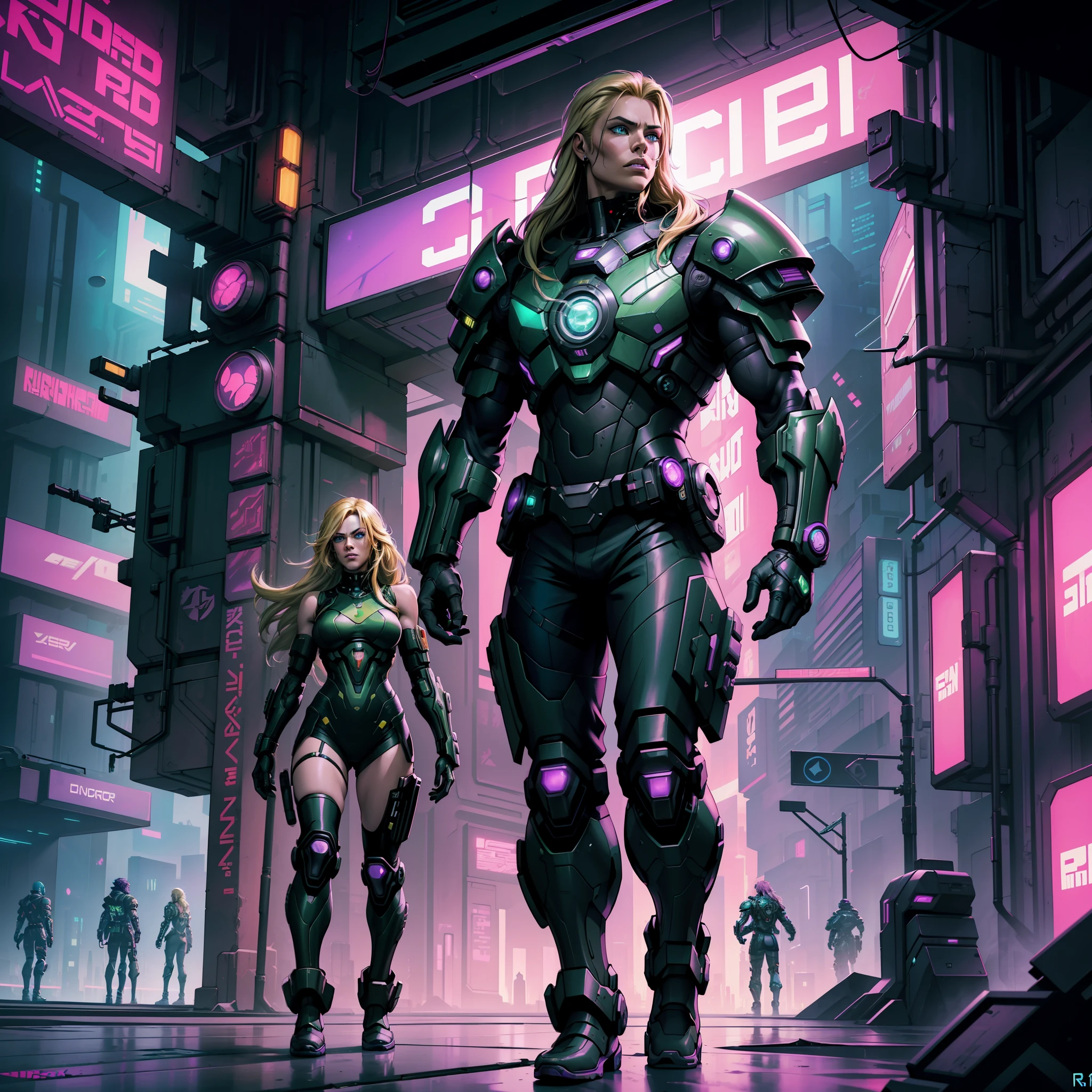 cyberpunk by emb-rrf2:1.0),(highly detailed:1.2),(best quality:1.2),(8k:1.2), (1man), sharp focus,(subsurface scattering:1.1),award-winning photography, profile (cyberpunk hero: 1.2), neon glow, centered face, Brad Pitt face, blue eyes, beard and goatee, ((full body shot:1.1)), (standing in a futuristic spaceport: 1.3), ((long blonde hair: 1.1)), ( cyberpunk green and purple combat armor:1.3),  (very detailed background:1.2),(sci-fi:1.0), (knollingcase:1.0),(dreamlikeart:1.1), dramatic lighting