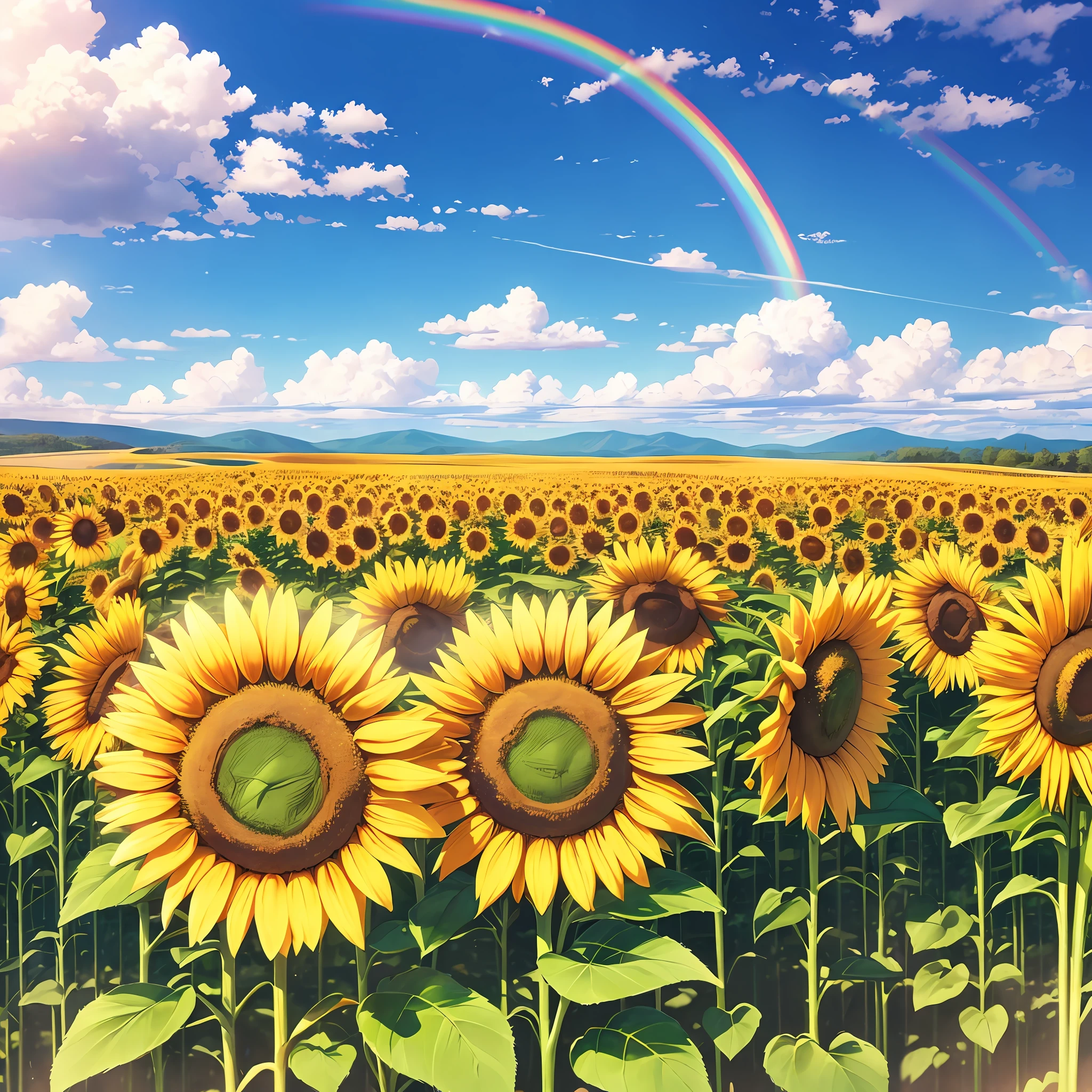 (best quality), (8k), (top quality), (real photo), (realistic photo), sunflower garden, blue sky, rainbow and sun shining. --auto --s2