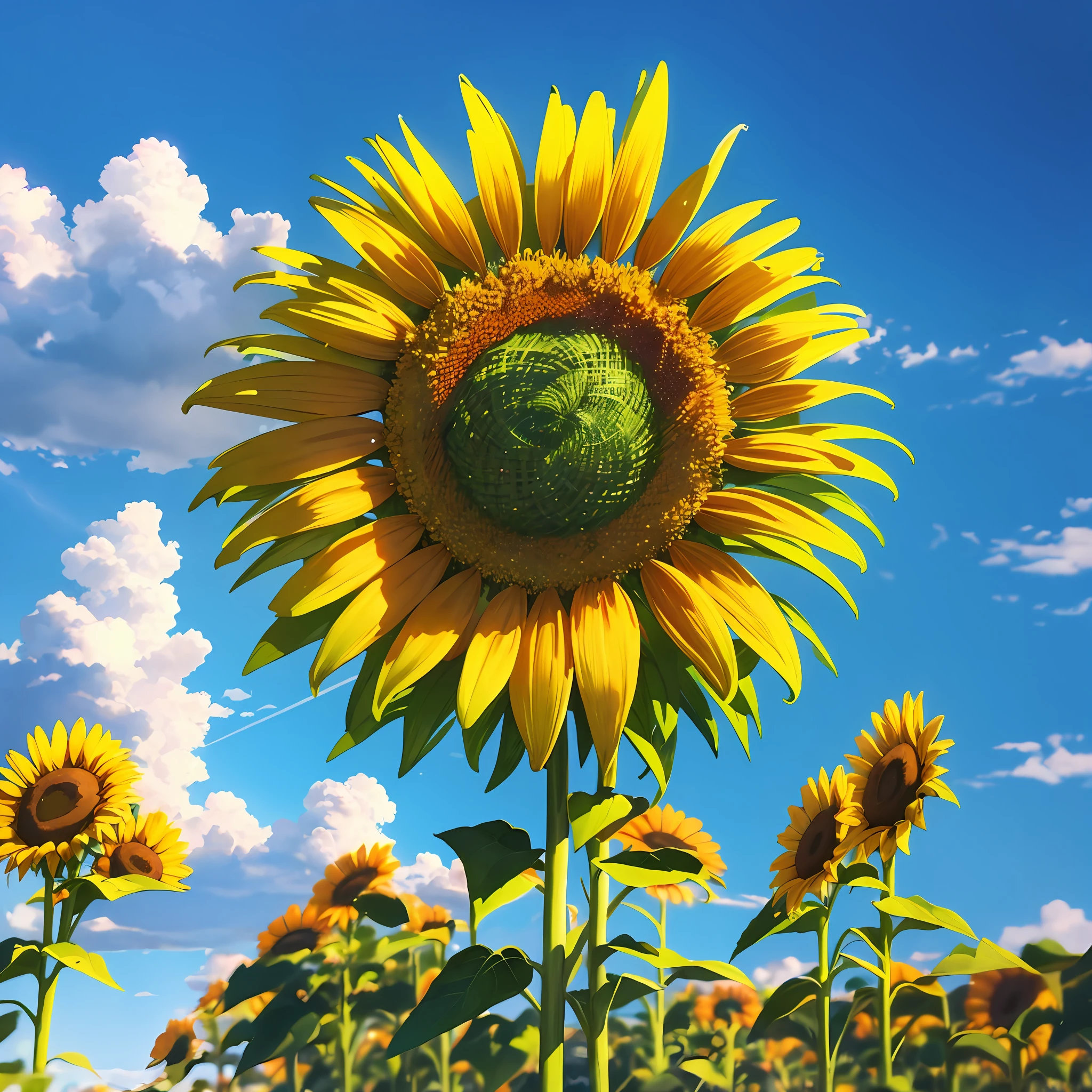 (best quality), (8k), (top quality), (real photo), (realistic photo), sunflower garden, blue sky, rainbow and sun shining. --auto --s2