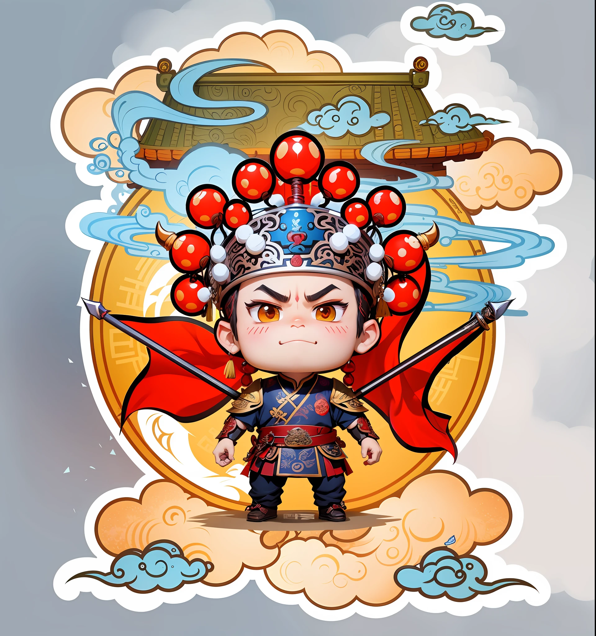 cartoon character of a man with a hat and a sword, fantasy sticker illustration, chibi, inspired by Guan Daosheng, akira from chinese mythology, inspired by Gong Xian, inspired by Dong Yuan, warrior character design, chinese warrior, g liulian art style, artwork in the style of z.w. gu, official fanart, asura from chinese myth