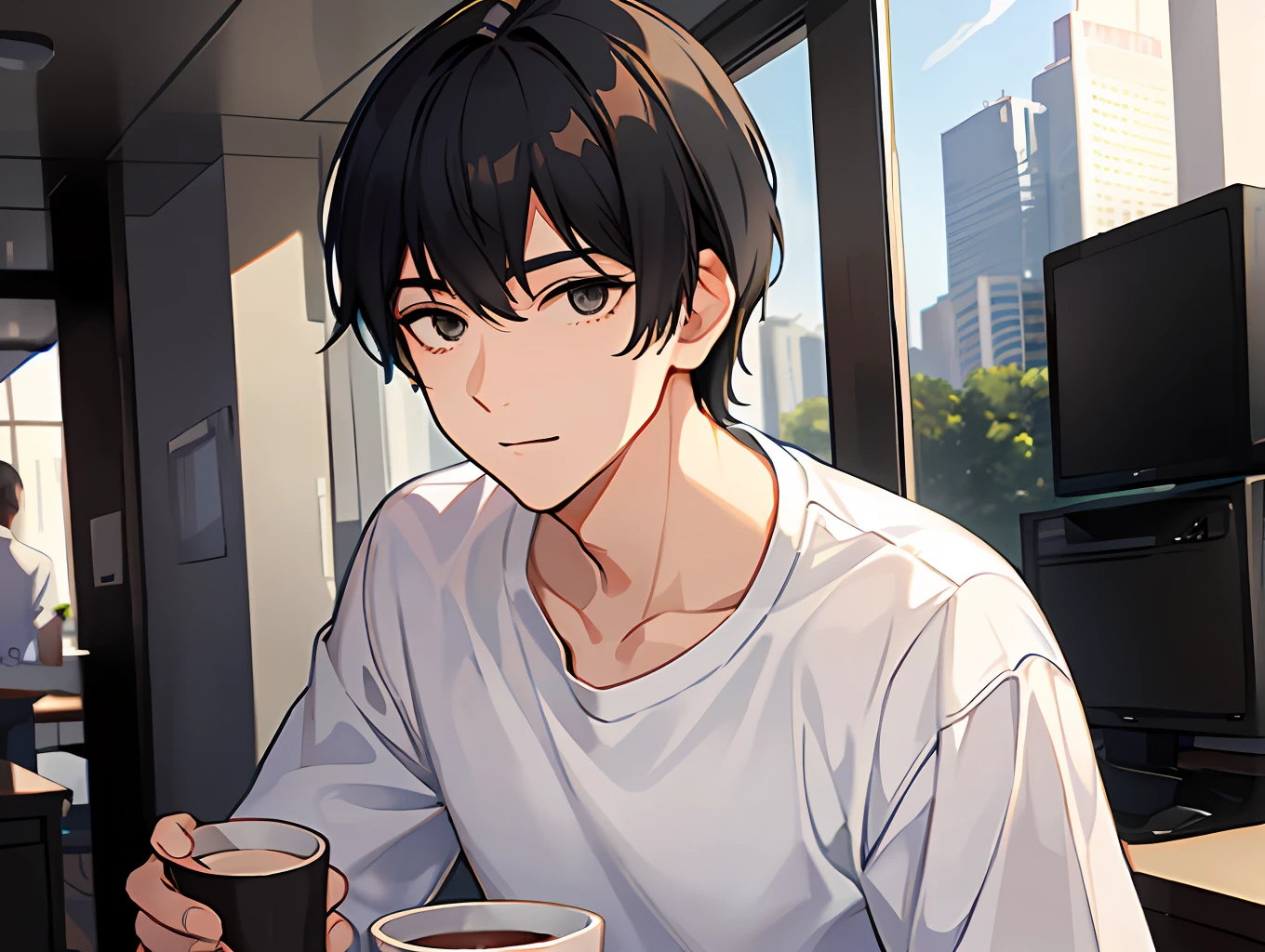 A boy with short black hair, black eyes, wearing a white shirt and holding a cup of soy milk in his hand, HD, 4k