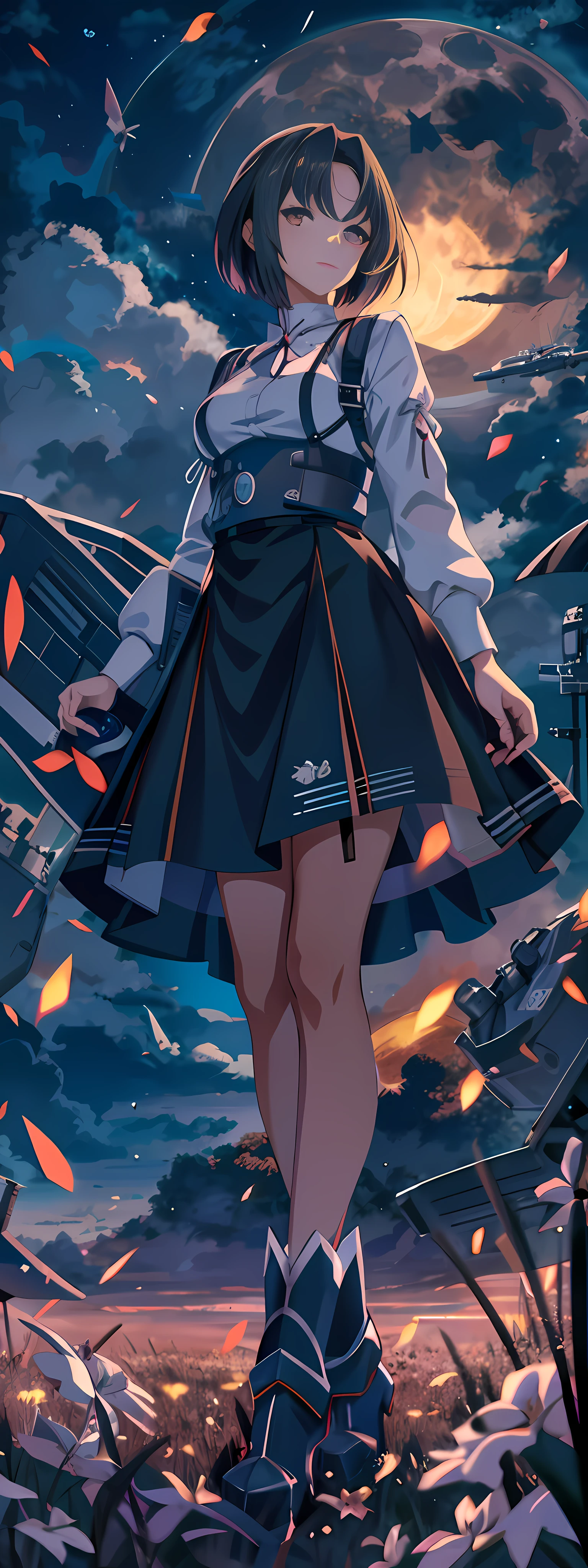 Anime girl standing in field in short skirt, full moon in background, Kantai collection style, anime art wallpaper 8 K, exquisite details. girl front, detailed digital anime art, anime art wallpaper 4 K, anime art wallpaper 4K, from girl front, anime style 4 K, eye-catching detailed art style, clean detailed anime art,