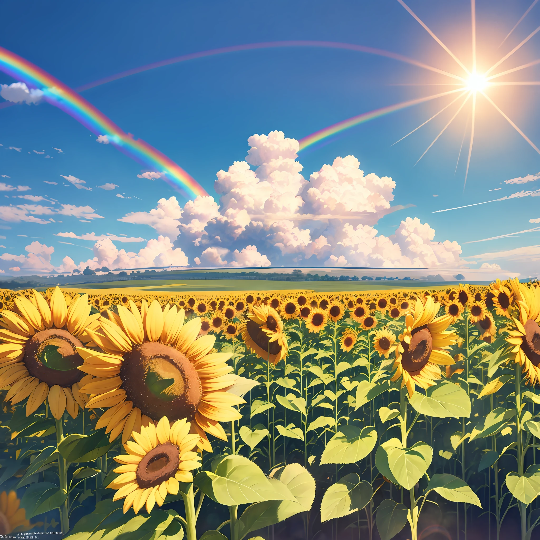 (best quality), (8k), (top quality), (real photo), (realistic photo), sunflower garden, blue sky, rainbow and sun shining. --auto --s2