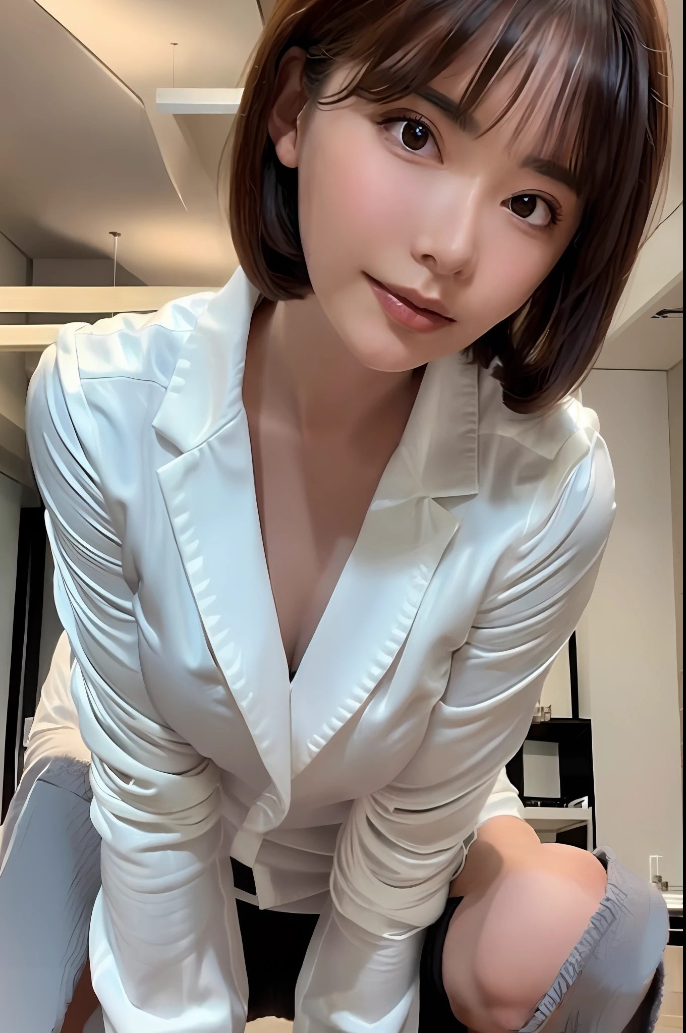 (RAW Photos, Best Quality, Masterpiece: 1.2), (Realistic, Photorealistic: 1.37), 1 Girl, Light Smile, (Uniform: 1.2), (Big: 1.2), (Outdoor: 1.5), (High Detail: 1.2), (Detail Background: 1.2), (Shiny Skin: 1.2), (Skin Dents: 1.3), (Plump: 1.2), (Perfect Body: 1.35), (Professional Lighting, Bokeh), ( Blouse: 1.3), (Portate: 0.8), Gorgeous, Bloom, Floating Hair, (Light particles, Lens flare, Luminous Particles: 0.6), (Dynamic Pose: 1.3), Specular lighting, soft lighting, head tilt, sunlight, looking at the viewer, (small head: 1.4), wear a satent wrench coat, the material of the satin wrench coat and satin blouse is shiny, soft and smooth to the touch, the buttons on the satin wrench coat are large, the buttons in front of the satin wrench coat are fastened, underwear is not worn, the collar of the satin blouse must be taken out of the satin wrench coat, body-fitting satin blouse, chest is C cup, Japan fashion model, wearing a shirt, in a coat, one beauty, the place is a hotel bedroom, the eyes are clear double, wet lips and appeal,