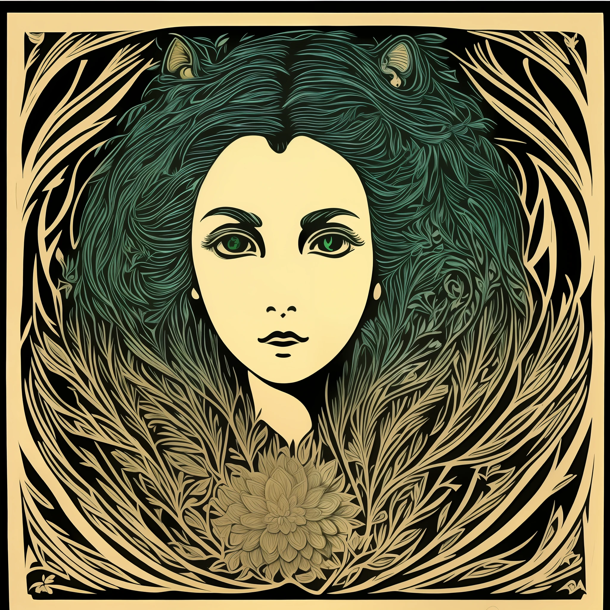 woodcut carved into a wooden board depicting a woman with green hair and cat ears. The work is a fusion of the styles of artists such as Guweiz, Artgerm, Loish and Wlop. The woman is portrayed as a fairy, emanating a magical and enchanting aura. The woodcut displays intricate details, capturing the delicacy of the fairy's face features and the complexity of the patterns on its wings. The digital art is applied in a way that enhances the beauty of the character, with soft and vibrant tones. The woodcut transports the viewer to a fantasy world, with a captivating and inspiring atmosphere. The work is a tribute to the artists who influenced this style, combining elements of his characteristic technique. It is a unique and charming depiction of a fairy in a woodcut.