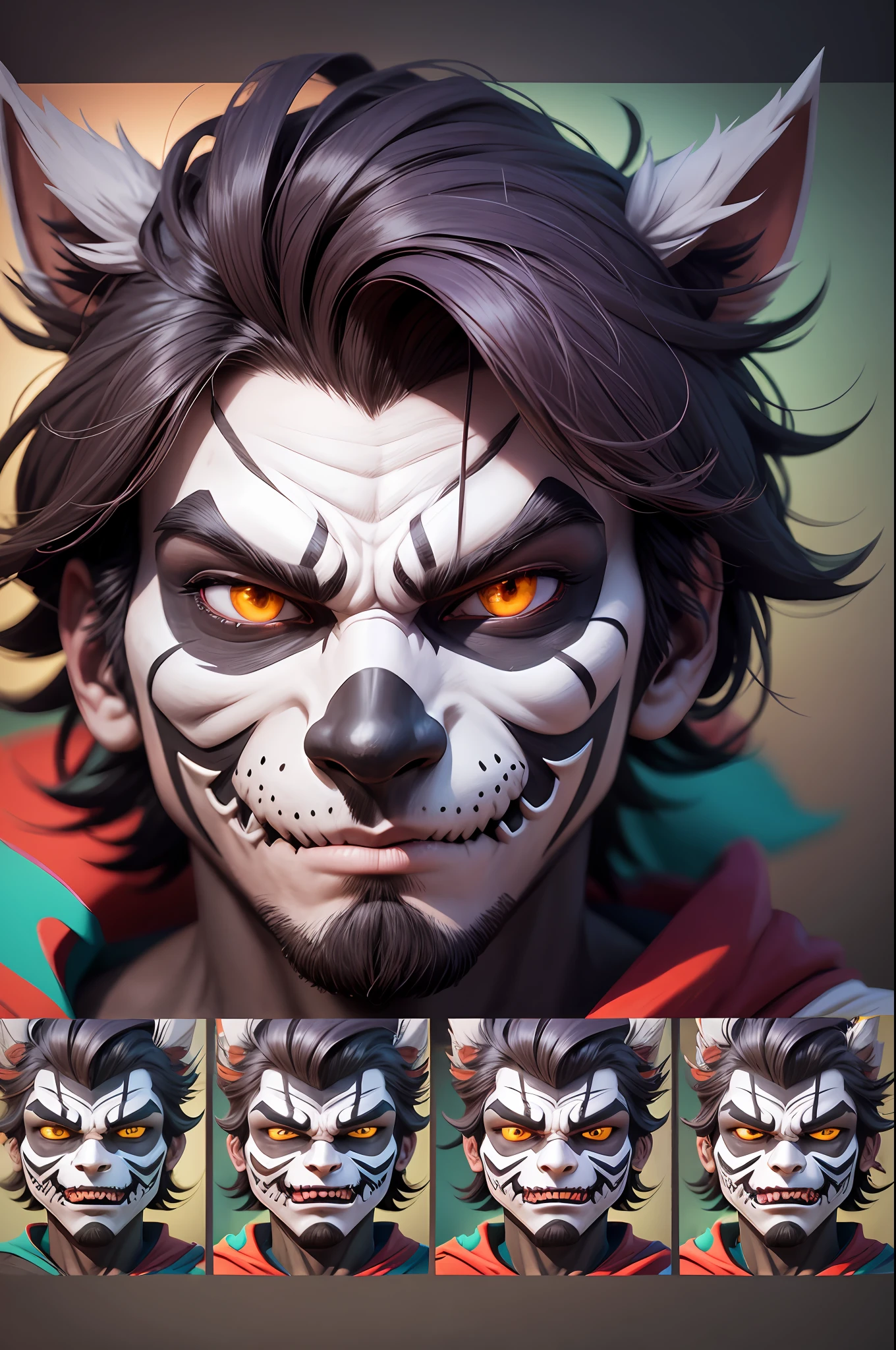 animation of good boy with half mask,half monster mas on his face,3D,upscales --auto --s2