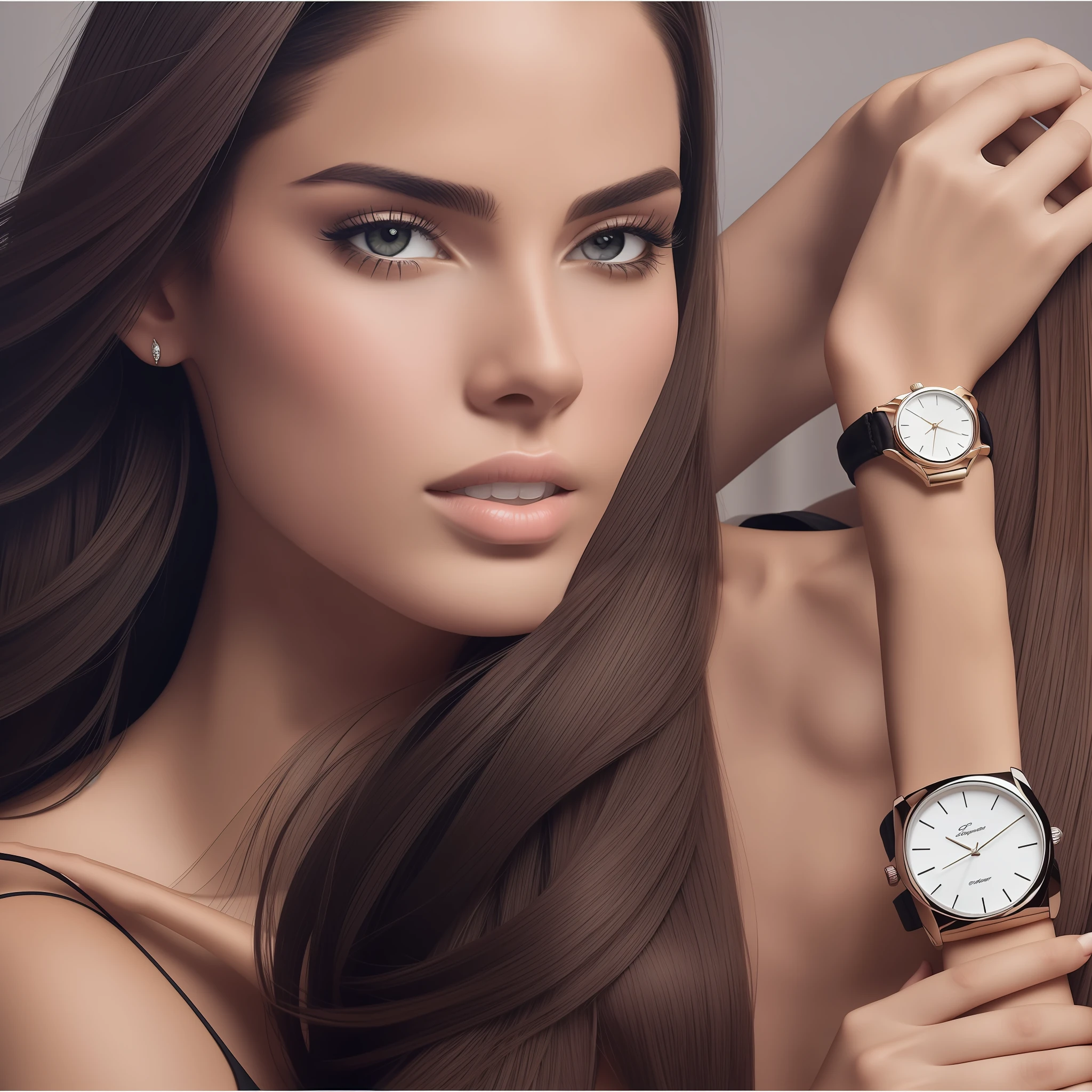 Develop an elegant banner featuring a Brazilian model wearing a sleek and modern watch,