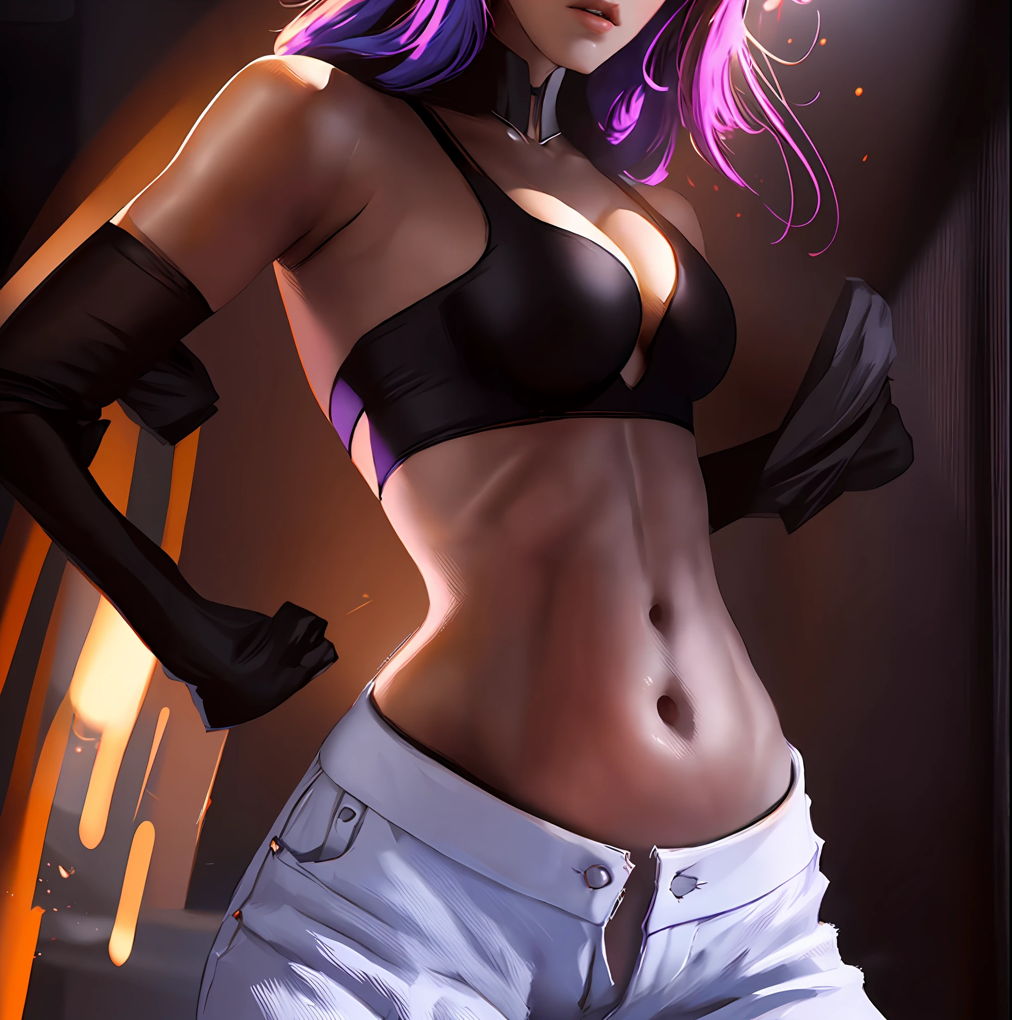 woman in a black bra top and white pants standing, her belly button is exposed, gorgeous stella maeve magician, revealing outfit, tinyest midriff ever, thicc, realistic, --auto --s2