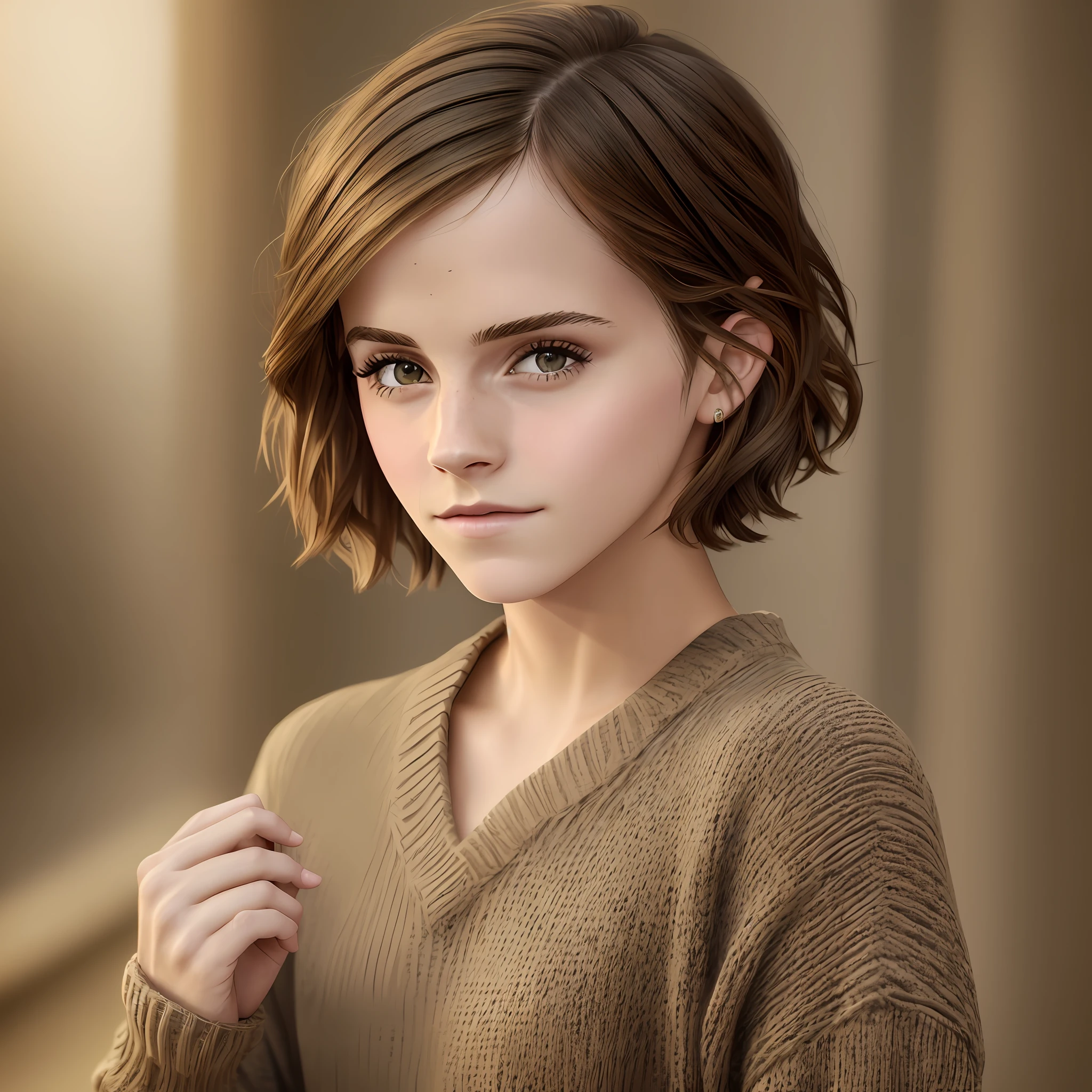 (Emma Watson), (Masterpiece:1.3), (8k, photorealistic, RAW photo, best quality: 1.4), (1girl), beautiful face, (realistic face), (black hair, short hair:1.3), beautiful hairstyle, realistic eyes, beautiful detailed eyes, (realistic skin), beautiful skin, (sweater), absurd, attractive, ultra high-resolution, ultra-realistic, highly detailed, golden ratio --auto --s2