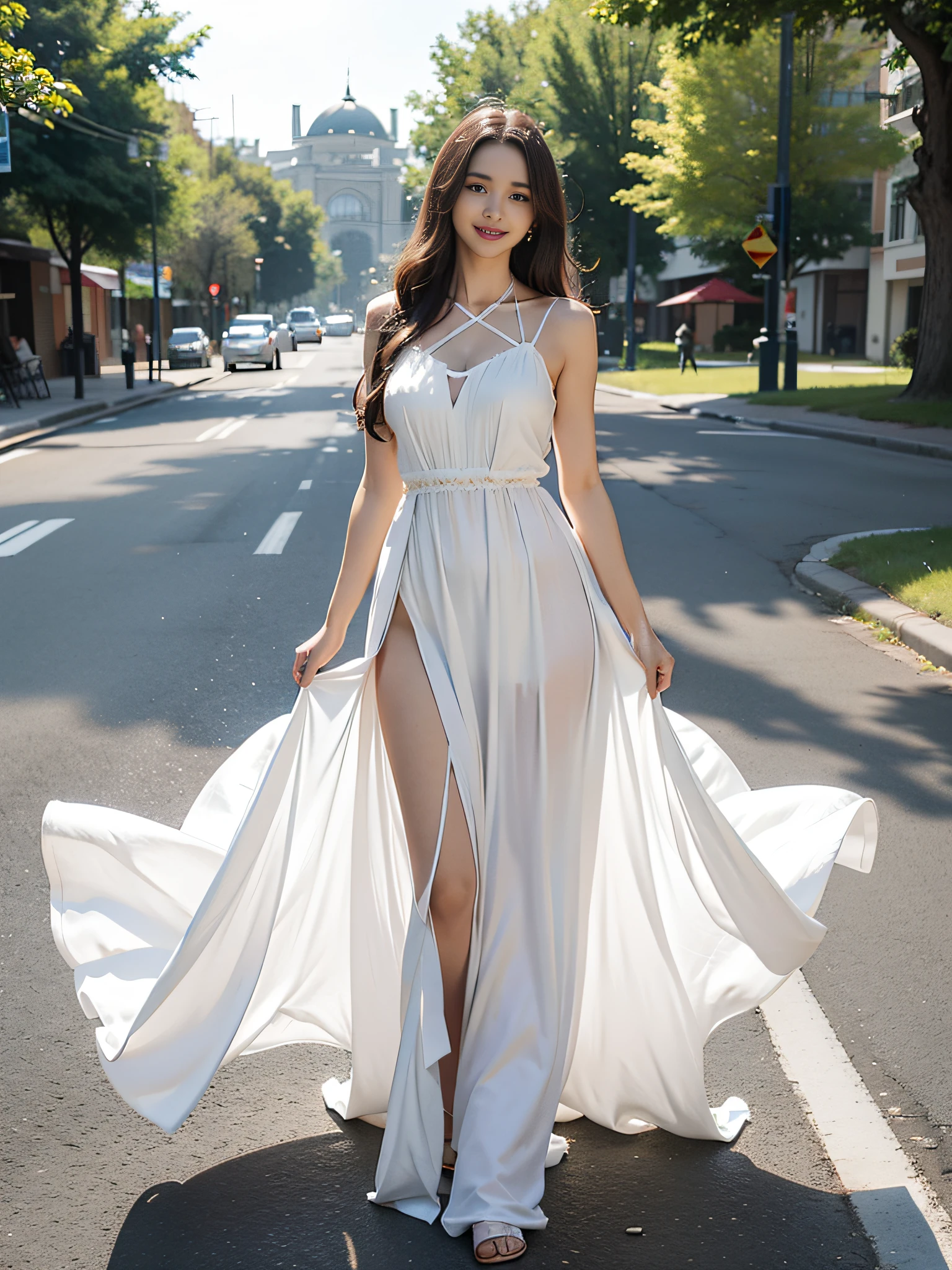 best quality, masterpiece, super high resolution, realistic, 1 girl, shoulder, smile, sunshine, movie lighting, long hair, dress, white dress, standing, full body, vest line Alafi woman standing in white dress standing on street, sexy dress, wearing long dress, thin waist, open dress, long skirt, wearing elegant dress, back slit, soft silk dress, beautiful silk dress, white silk dress, wearing evening dress, wearing long skirt, wearing beautiful dress, white dress, Long white dress, long dress