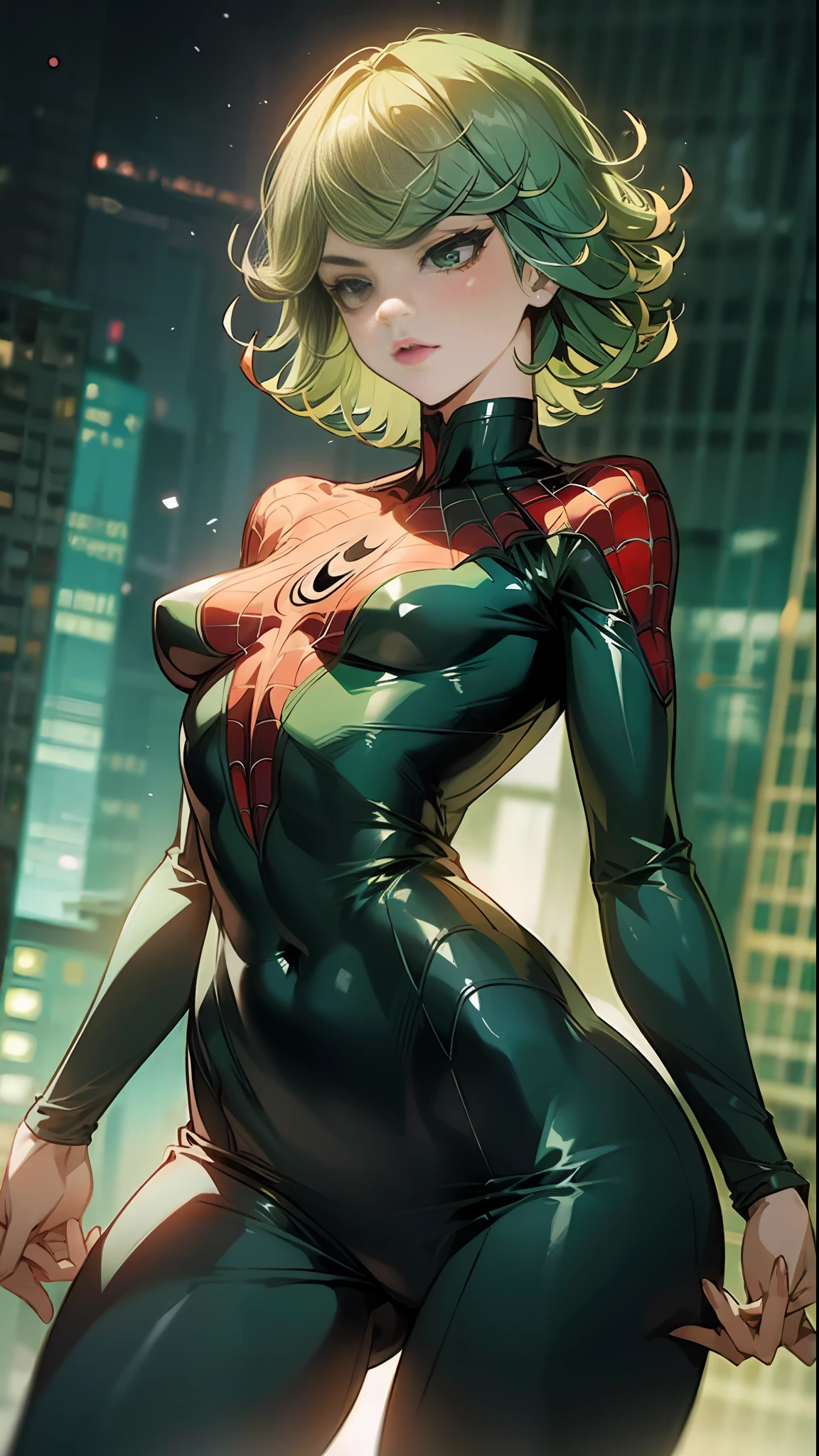 Beautiful woman defined detailed body using spider man cosplay, small breasts,green hair, short hair, Tatsumaki