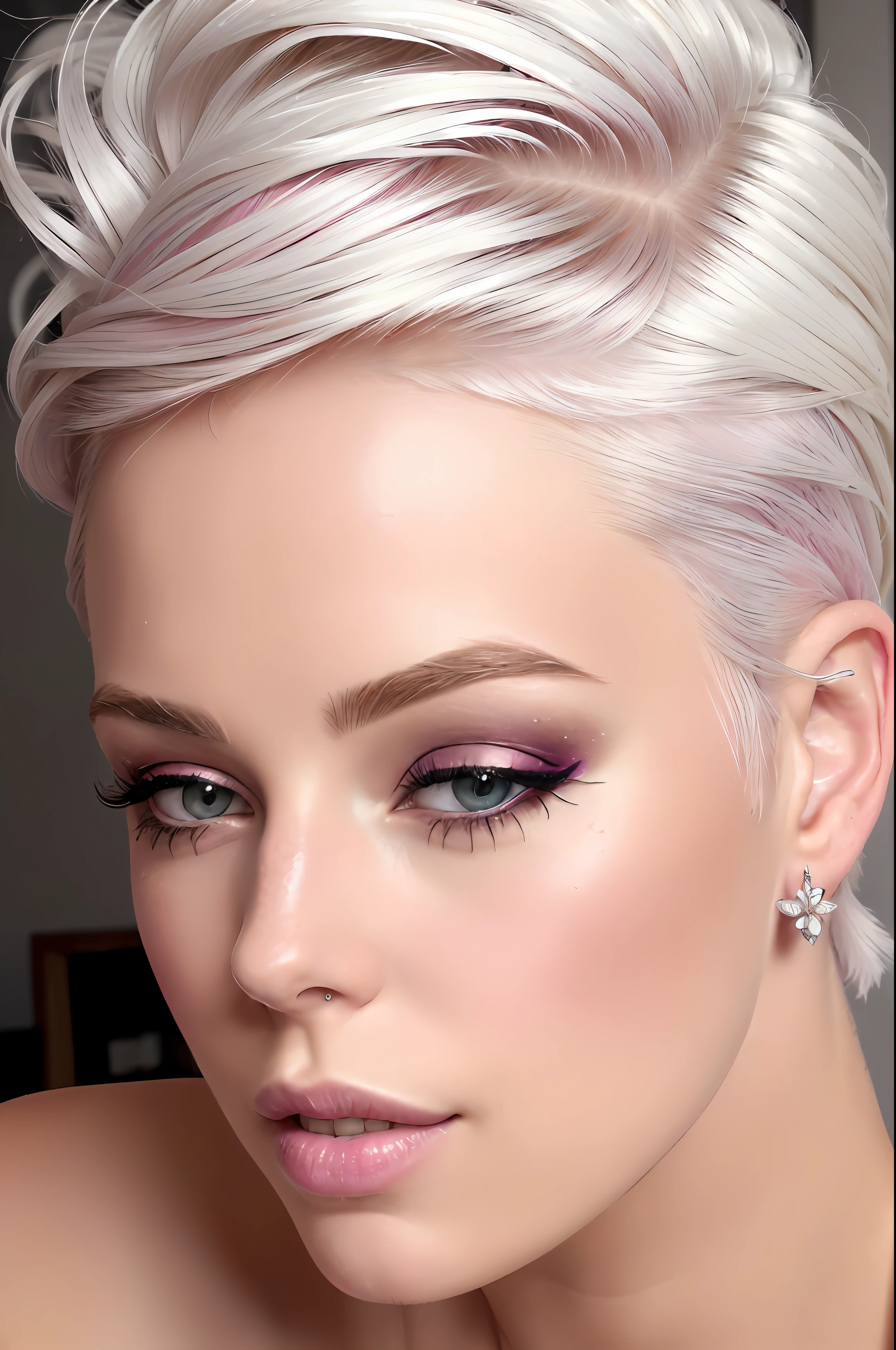 ((best quality)), ((ultra res)), ((photorealistic)), (intricate details), 19 years, white hair with pink stirs, perfect face, makeup:1.5, light on face, face detail, pixie_cut