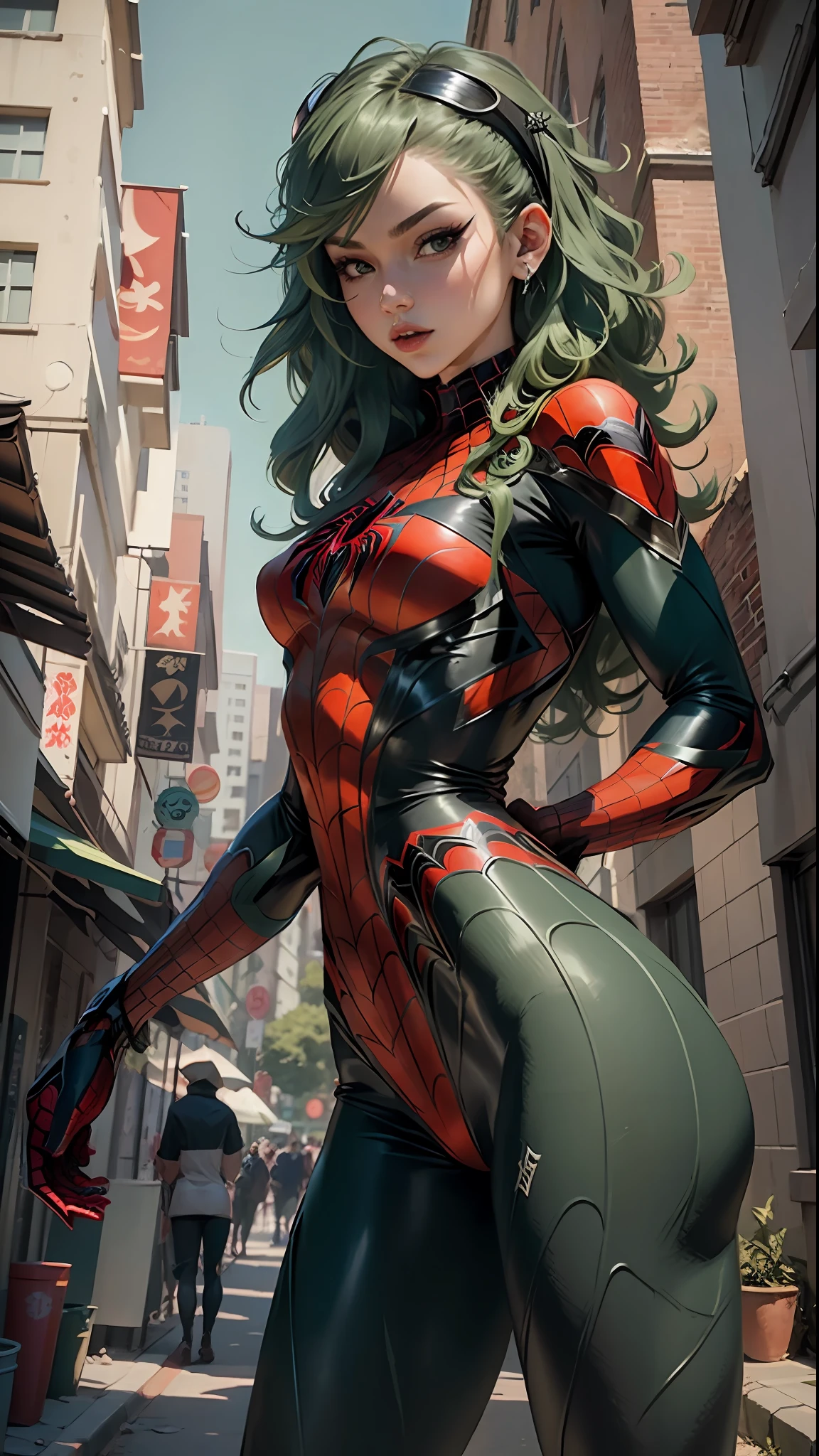 Beautiful woman detailed defined body using spider man cosplay, small breasts, green hair, Tatsumaki, big ass