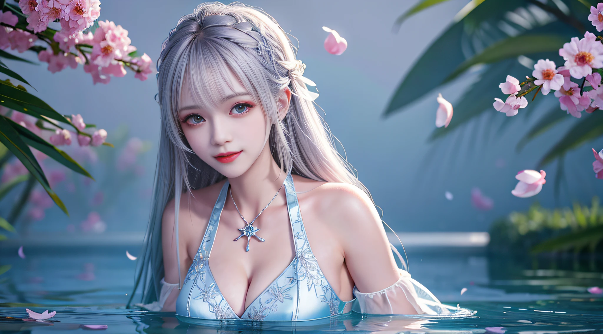 Silver hair, upper body, standing in water, split bangs, modern, surrealism, cinematic lighting, chiaroscuro, masterpiece, textured skin, high resolution, high quality, high detail, beautiful face, big, pronounced cleavage, translucent clothes, falling petals, smiling face,