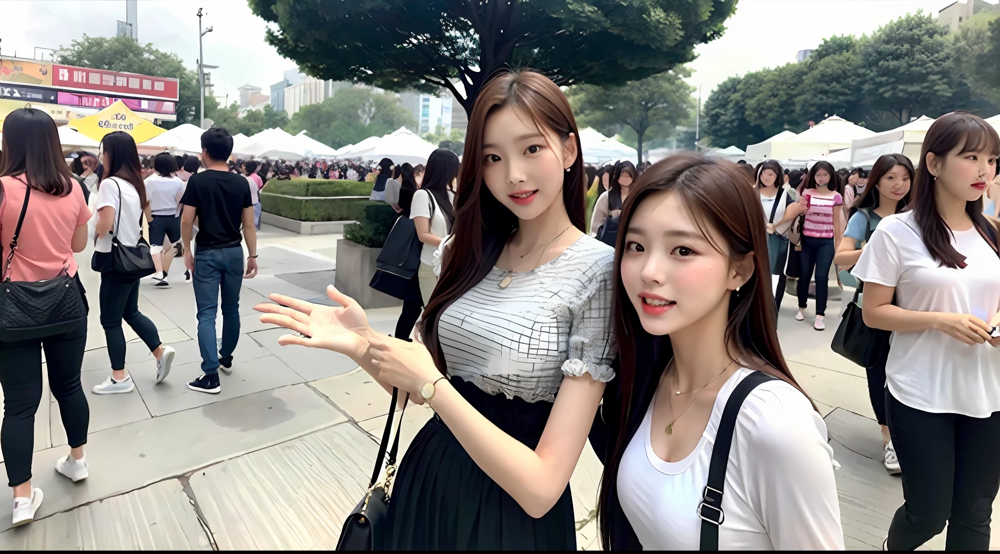 Crowded, lots of people, public place, all of the people are young girls, y, look at the viewer
