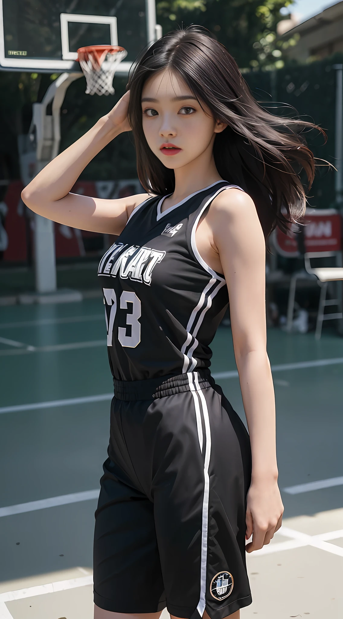 (8k, Best Quality, Masterpiece: 1.2), (Realistic, Realistic: 1.37), Ultra Detailed, Best Quality, Ultra High Resolution, Professional Lighting, Photon Mapping, Radiosity, Physically Based Rendering, Cinematic Lighting, Basketball Court, Depth of Field, Sharpness focus, sunlight, good composition, (bokeh: 1.2) 1girl, solo, (full body), (closed mouth), beautiful and detailed eyes, pose, narrow waist, basketball uniform, black hair, messy hair, long hair blowing in the wind, (ulzzang-6500:1.2) mix4, hiqcgbody
