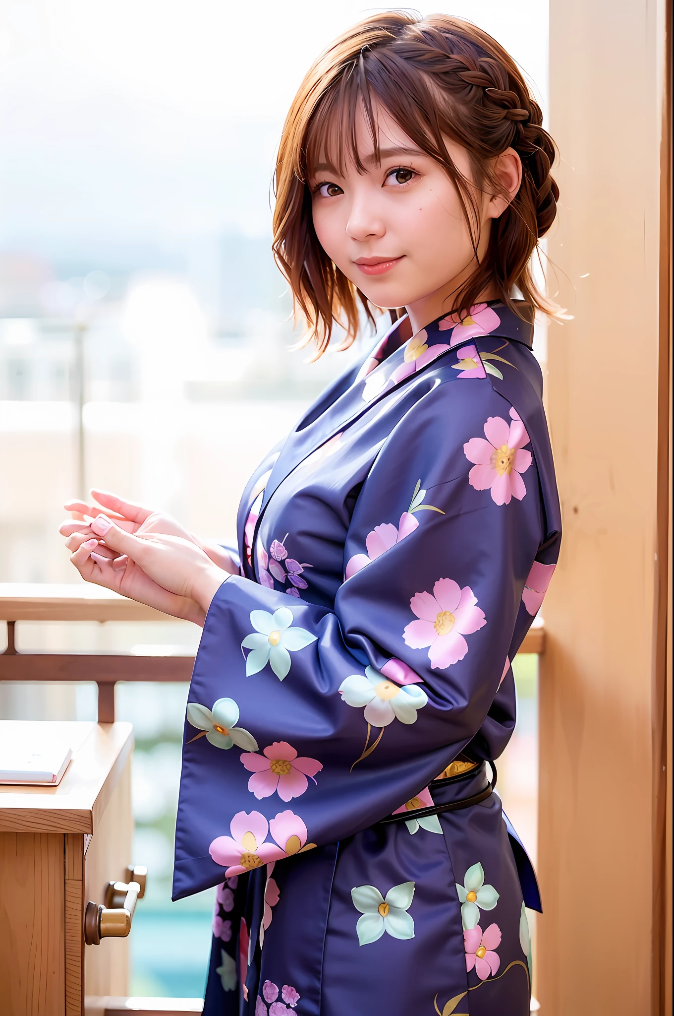 Woman taking photo with hands behind her back (kimono_clothes, colorful dress: 1.3), beautiful jpd_woman, perfect jpd_face, perfect jpd_body,
Good hands, 4K, high resolution, masterpiece, top quality, head: 1.3, (((Hasselblad photo)), fine skin, sharp focus, (film lighting), collarbone, night, soft lighting, dynamic angle, [:( detail face: 1.2): 0.2], (((5 star hotel))), outside, brown hair, (shortcut), floating hair, ((braided hair)), leave the original clothes