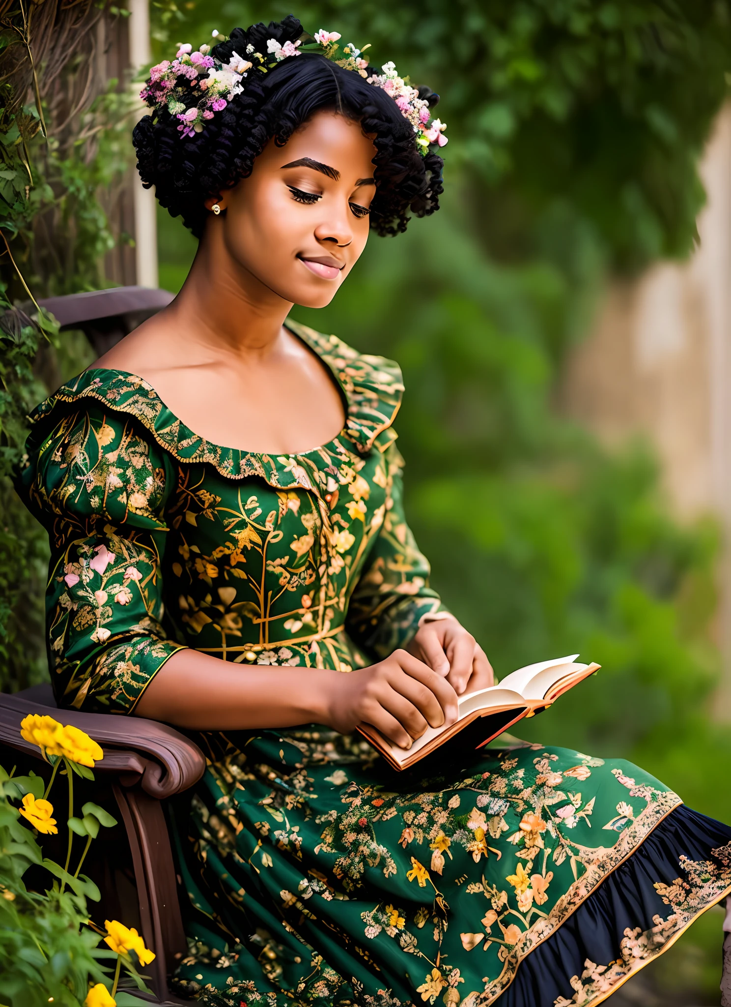 masterpiece, superior quality, realistic scenery, detailed scenery, a garden full of flowers with birds, impeccable, on a bench this a primcesa of medieval era, short hair of black and curly color, she is reading a book, perfect details on her body, hair in the wind, her flashy dress full of ruffles and embellishments, dress of green color, light hitting lightly on the face, 18-year-old