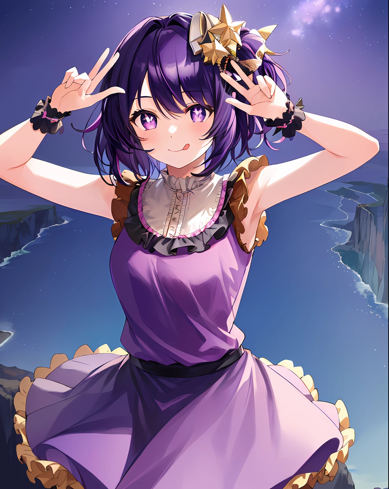 1girl, full body, denim photo, (Rembrandt), illustration, (masterpiece), (best quality), (ultra_detailed), finely detail, (Depth of field), HshinoAi, gloves, sticking out tongue, tongue, short hair, star\ (symbol\), looking at viewer, ( purple hair:1.2), purple eyes, upper body, hair ornament, :p, frills, pink shirt, smile, sleeveless, shirt, idol, symbol-shaped pupils, hands up, brags smile, sleeveless, shirt, idol, symbol-shaped pupil, hands raised, bangs, side up, star pupils, Arms up, skirts pulling, roaring twenties, isometric, seen from above, sky, flowers, cliffs,
