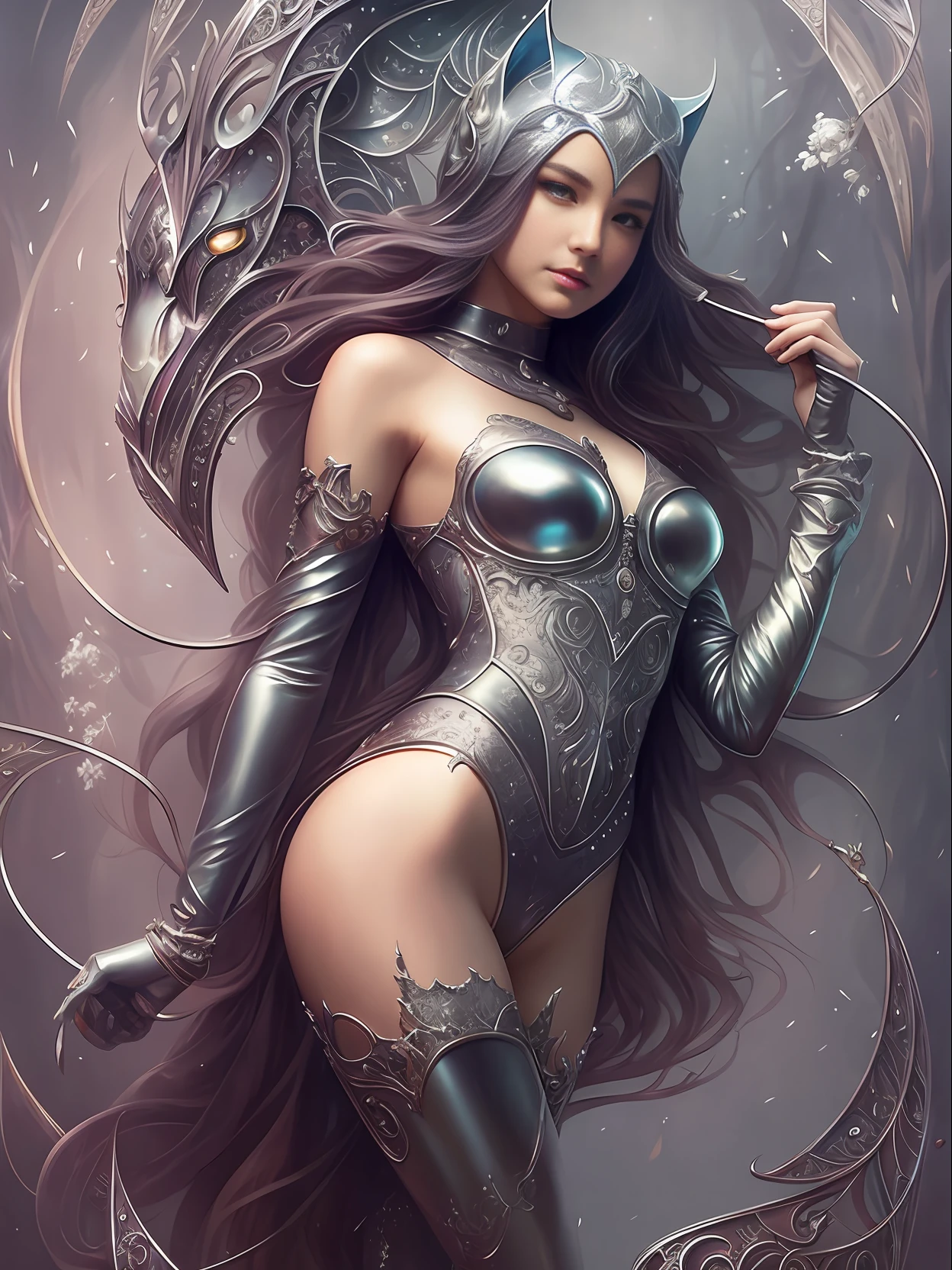 Full body portrait, cute and adorable fantasy Catwoman, shiny metallic jeweled depth, glowing smoke neon eyes, hoarfrost metal lace, fantasy, sunlight, sunbeam, intricate detail. 8k, dreamlike, surrealism, super cute, symmetrical, soft lighting, trending on artstation, intricate details, highly detailed, unreal engine, by ross tran, wlop, artgerm and james jean, Brian Froud, art illustration by Miho Hirano, Neimy Kanani, oil on canvas by Aykut Aydoğdu, oil painting, heavy strokes, paint dripping --auto --s2