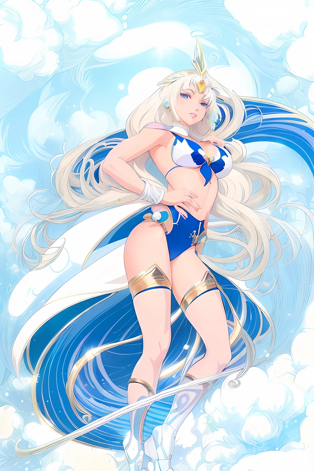 a drawing of a woman in a blue  and white hair, anime goddess, the sailor galaxia. beautiful, knights of zodiac girl, sky witch, white haired deity, anime art nouveau cosmic display, princess 'kida' kidagakash, cloud goddess, anime barbie in white stockings, anime art nouveau, anime woman fullbody art, beautiful alluring anime woman