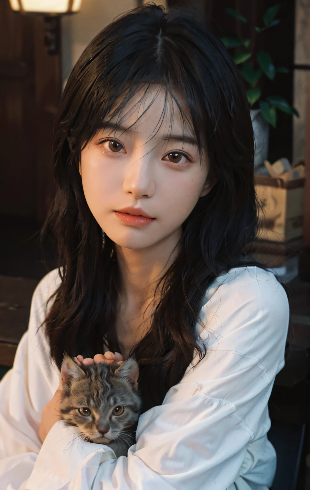 (Keisan:1.5), close up, masterpiece, best quality, original photo, realistic, face, incredibly ridiculous, beautiful girl, cute, long brown hair, depth of field, high resolution, hyperdetail, fine detail, very detailed, very detailed eyes and face, sharp pupils, realistic pupils, sharp focus, cinematic lighting, cuddling a kitten