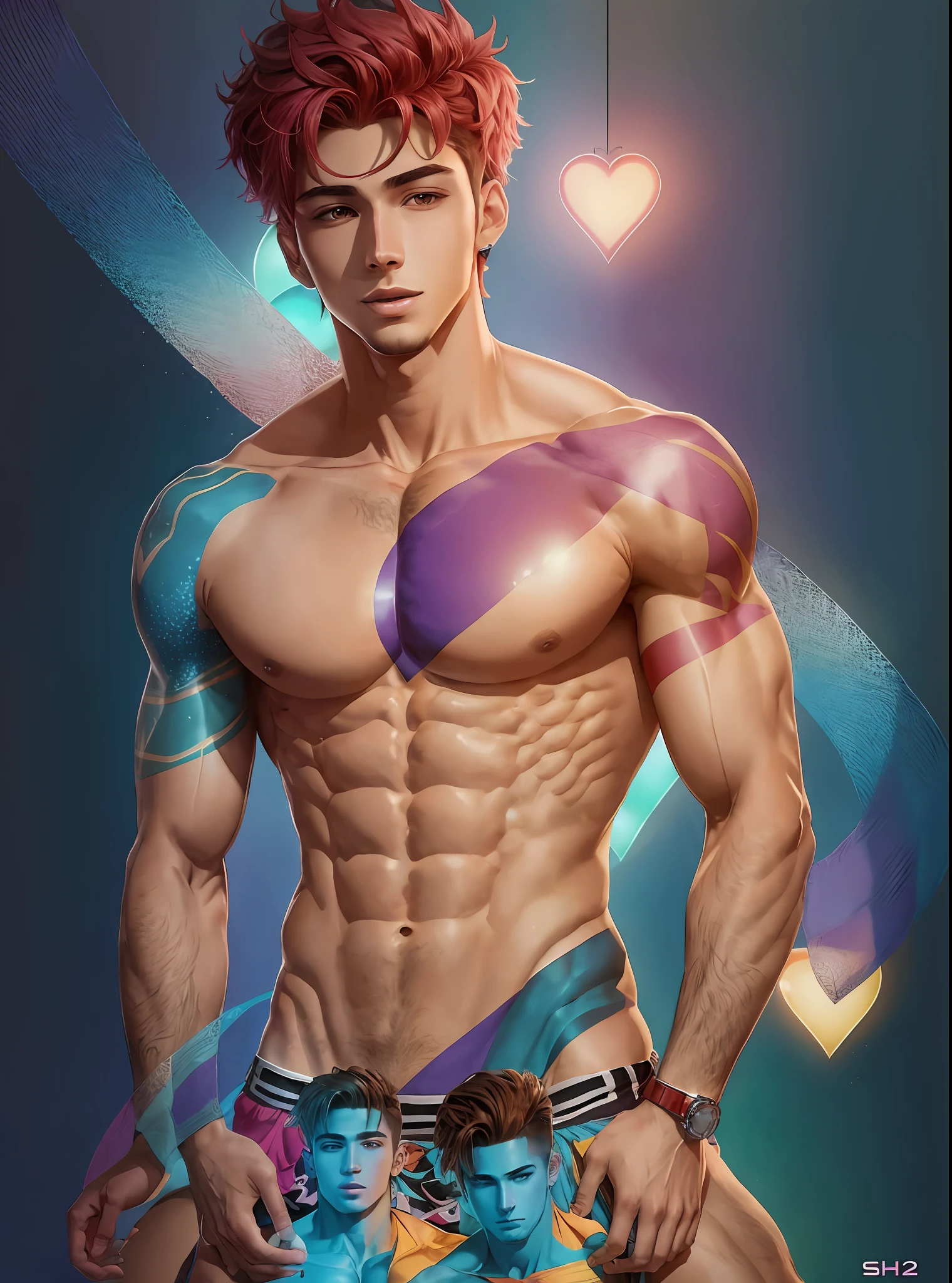 2 beautiful guys, shirtless, body defined, vibrant colors, boyfriends --auto --s2