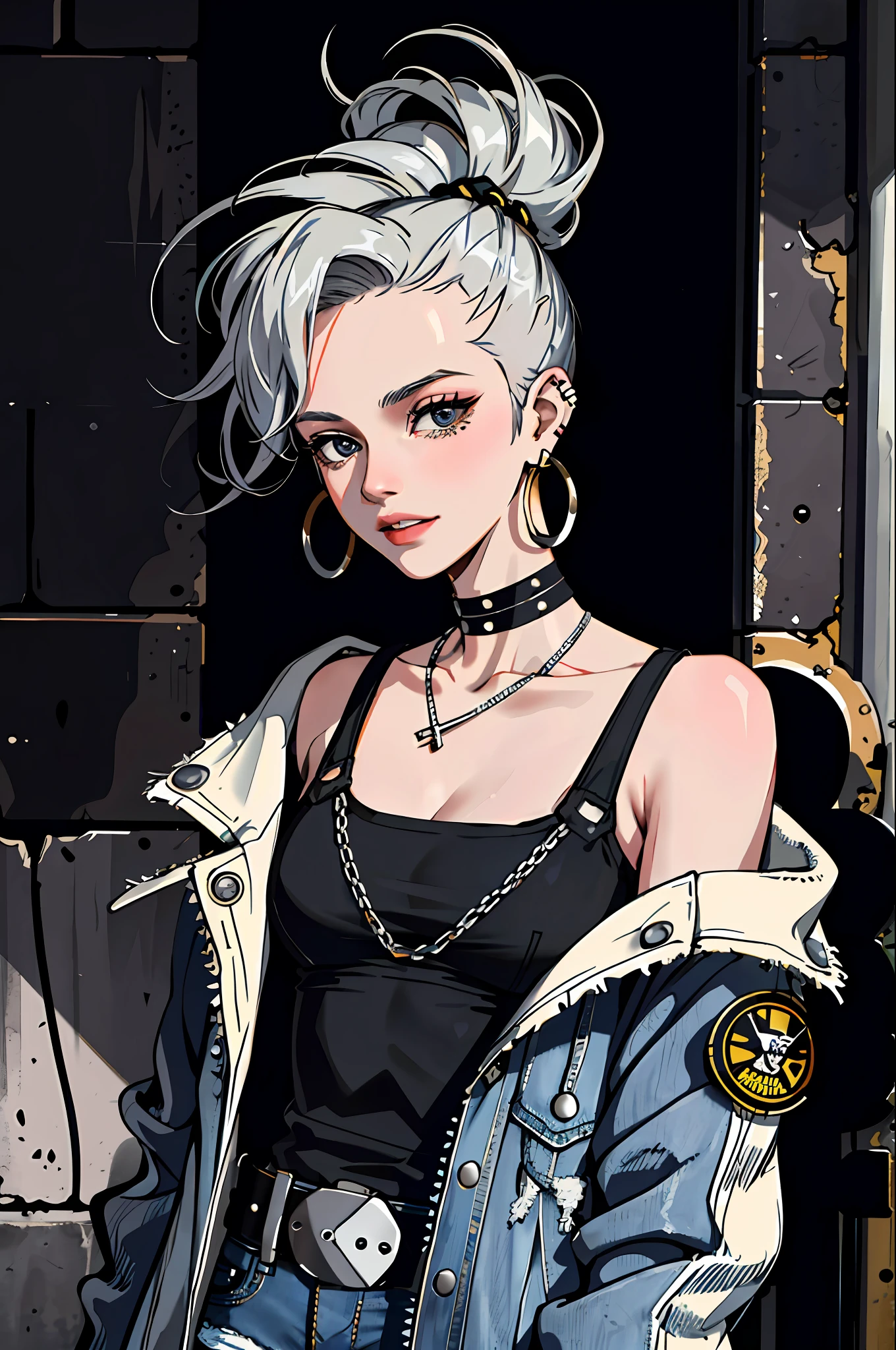 (masterpiece:1.2, best quality), (1lady, solo, upper body:1.2), Hair: buzz cut, Clothing: oversized, distressed denim jacket with patches and pins, paired with black skinny jeans and combat boots, Accessories: silver hoop earrings and a black choker necklace, Hanging out in an underground music venue or street art exhibit