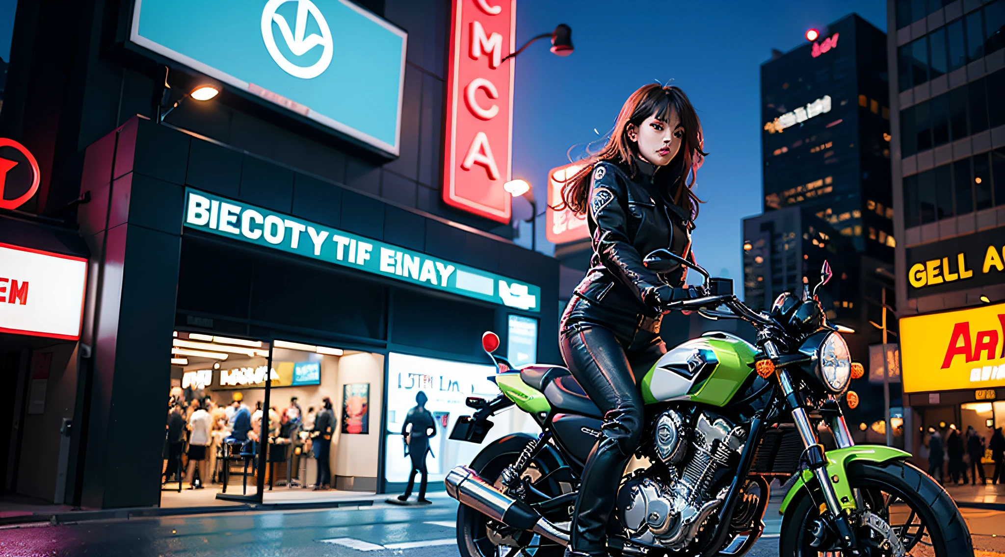 Illustration of cool woman riding a motorcycle through a neon street in the city
