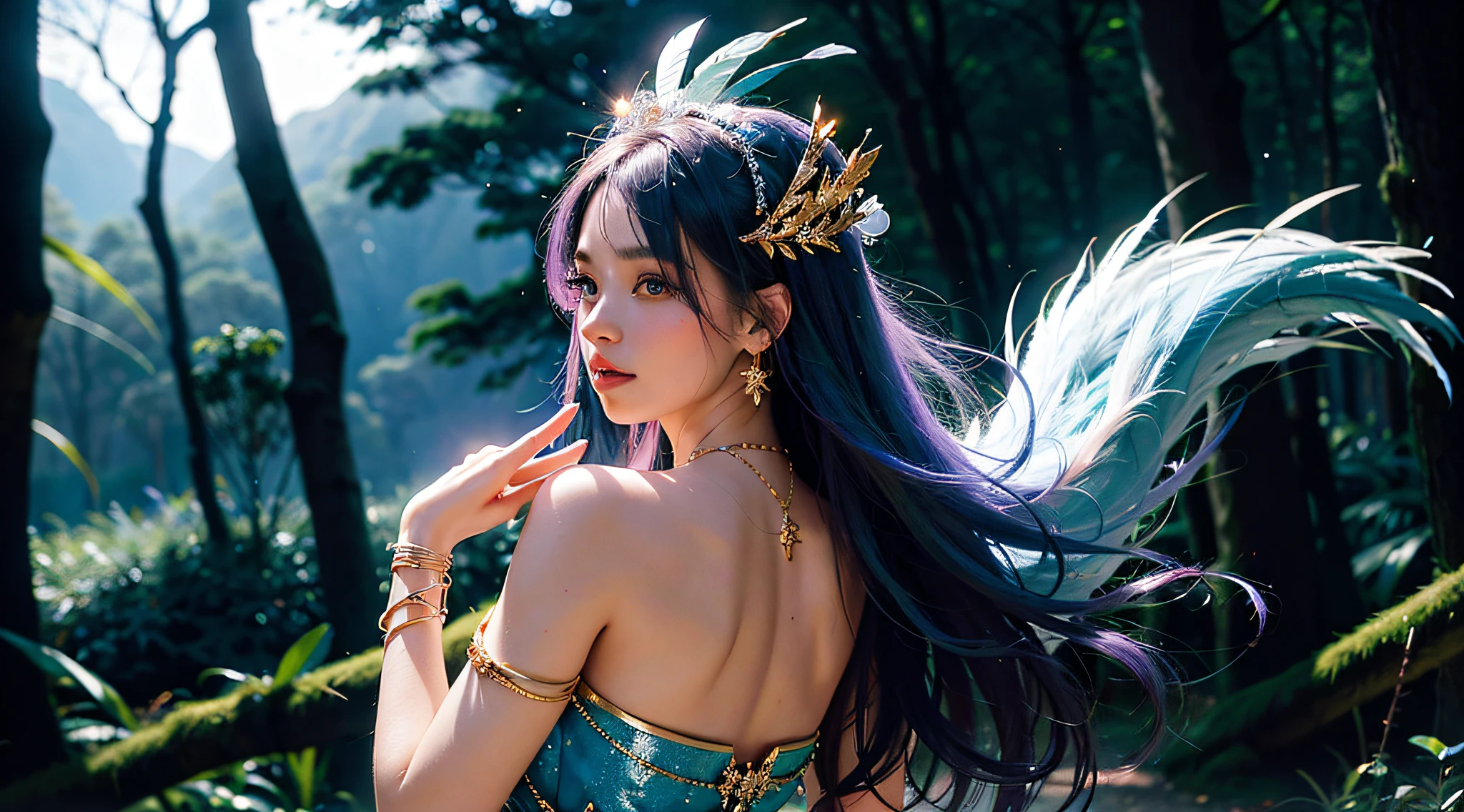 A woman standing in a dark forest, she is dressed in a dress decorated with huge feathers on her back, shining feathers, there is a faint light around her, her expression is quiet and mysterious, mysterious charm to the observer, the background is dark, the trees and silhouettes of the forest, from the branches of some trees, light like sparkling stars, the colors are cool tones based on deep blue or purple, Feathers and dresses with bright gold and silver accents to reflect light, 8K, high quality, realistic, background images
