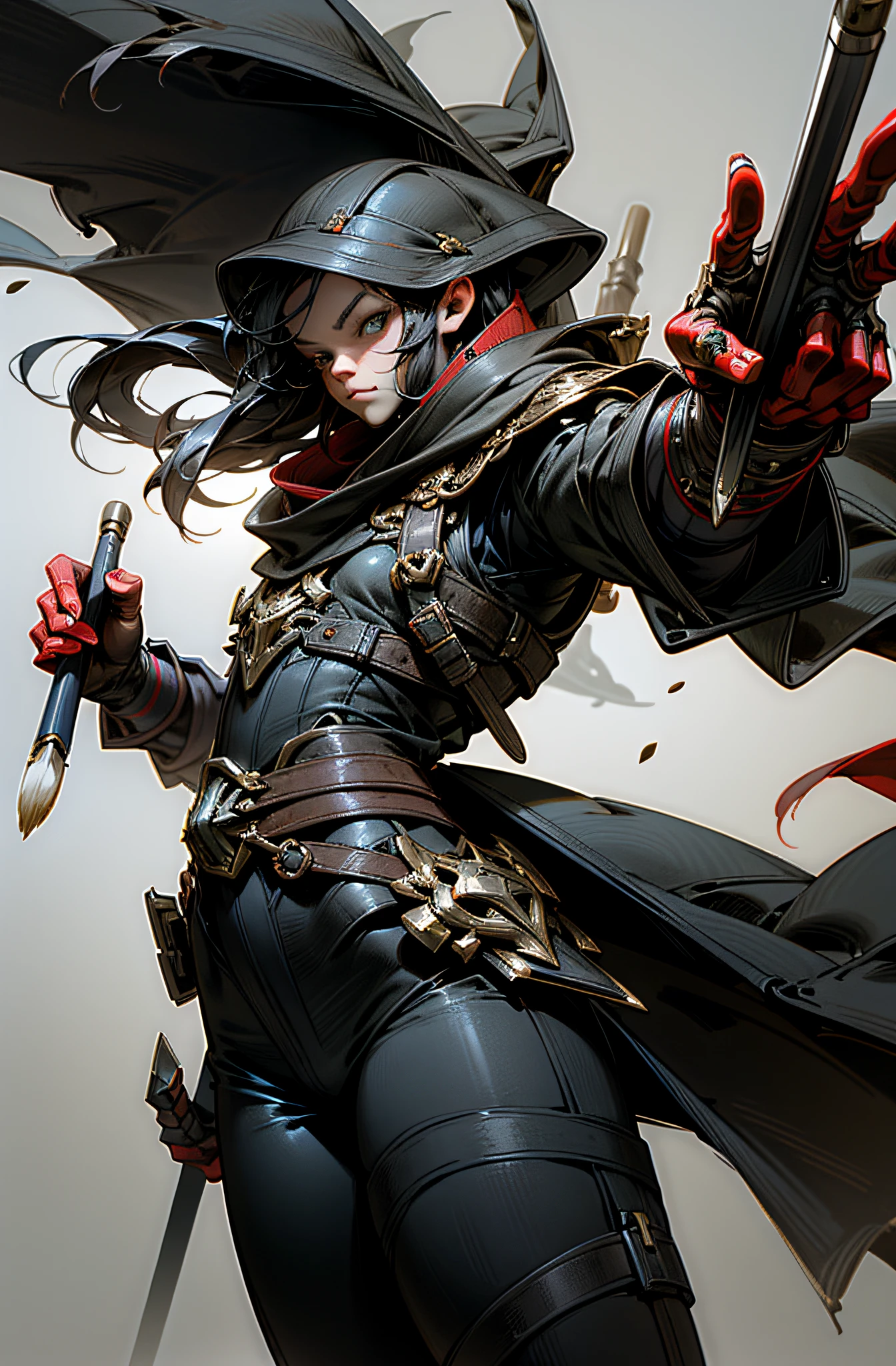 0 damage assassine, an assassin who likes to paint, holding a brush, fantasy, marvel, absolutely stunning art, art of the highest quality, highest resolution, hyper detailed, black and red