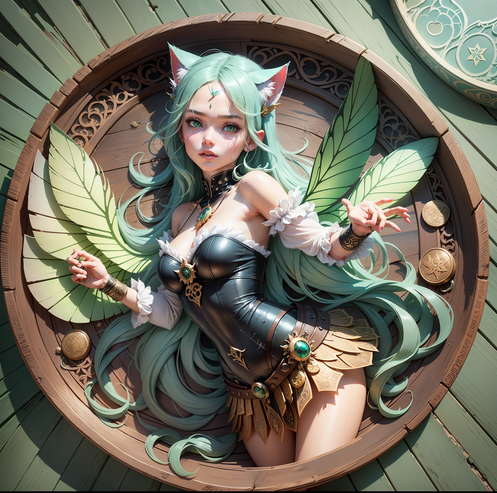 Closeup of a coin with a woodcut carved into a wooden board depicting a woman with green hair and cat ears. The work is a fusion of the styles of artists such as Guweiz, Artgerm, Loish and Wlop. The woman is portrayed as a fairy, emanating a magical and enchanting aura. The woodcut displays intricate details, capturing the delicacy of the fairy's face features and the complexity of the patterns on its wings. The digital art is applied in a way that enhances the beauty of the character, with soft and vibrant tones. The woodcut transports the viewer to a fantasy world, with a captivating and inspiring atmosphere. The work is a tribute to the artists who influenced this style, combining elements of his characteristic technique. It is a unique and charming representation of a fairy in a woodcut., Arabic text, coins of secret societies, coins, depicted in 3D rendering, front view, engraving --auto --s2