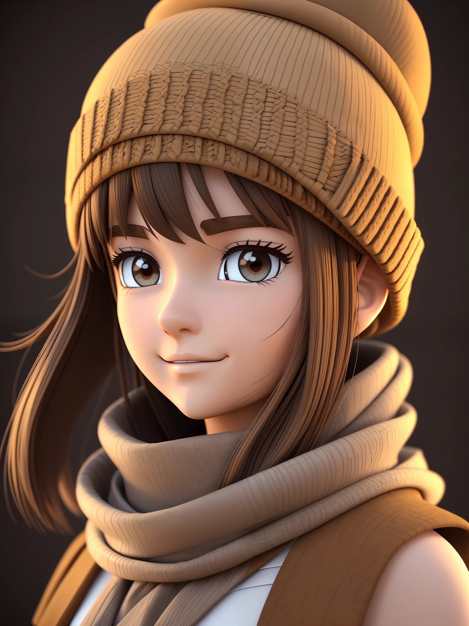  girl, a closeup of a cartoon character wearing a light brown hat and scarf, ((brown eyes)), stylized character, animated character, stylized 3d render, 3d character, highly detailed character, stylized anime, stylized 3d, render character, character model