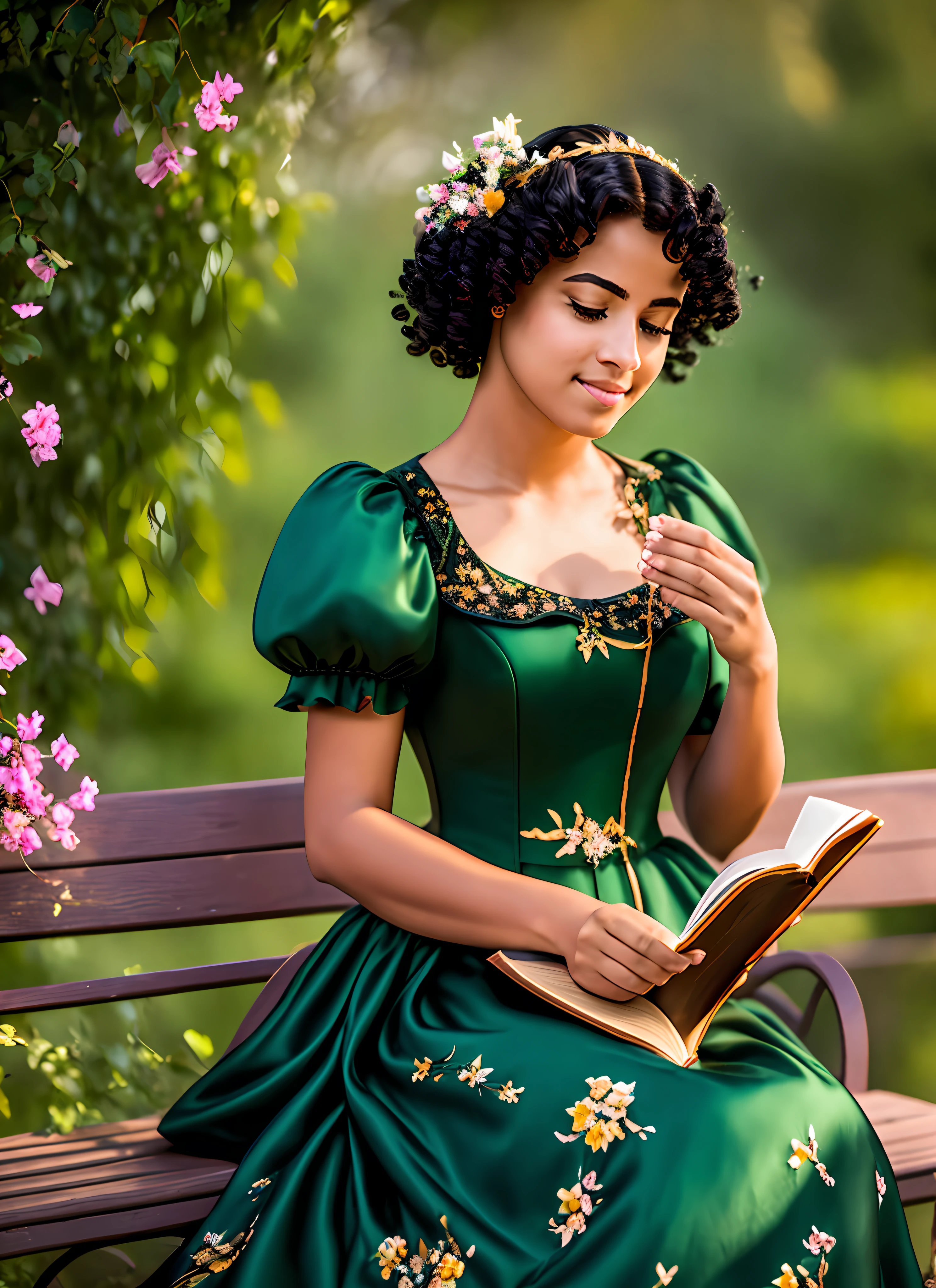 masterpiece, superior quality, realistic scenery, detailed scenery, a garden full of flowers with birds, impeccable, on a bench this a primcesa of medieval era, short hair of black and curly color, she is reading a book, perfect details on her body, hair in the wind, her flashy dress full of ruffles and embellishments, dress of green color,  light hitting lightly on the face, 18-year-old