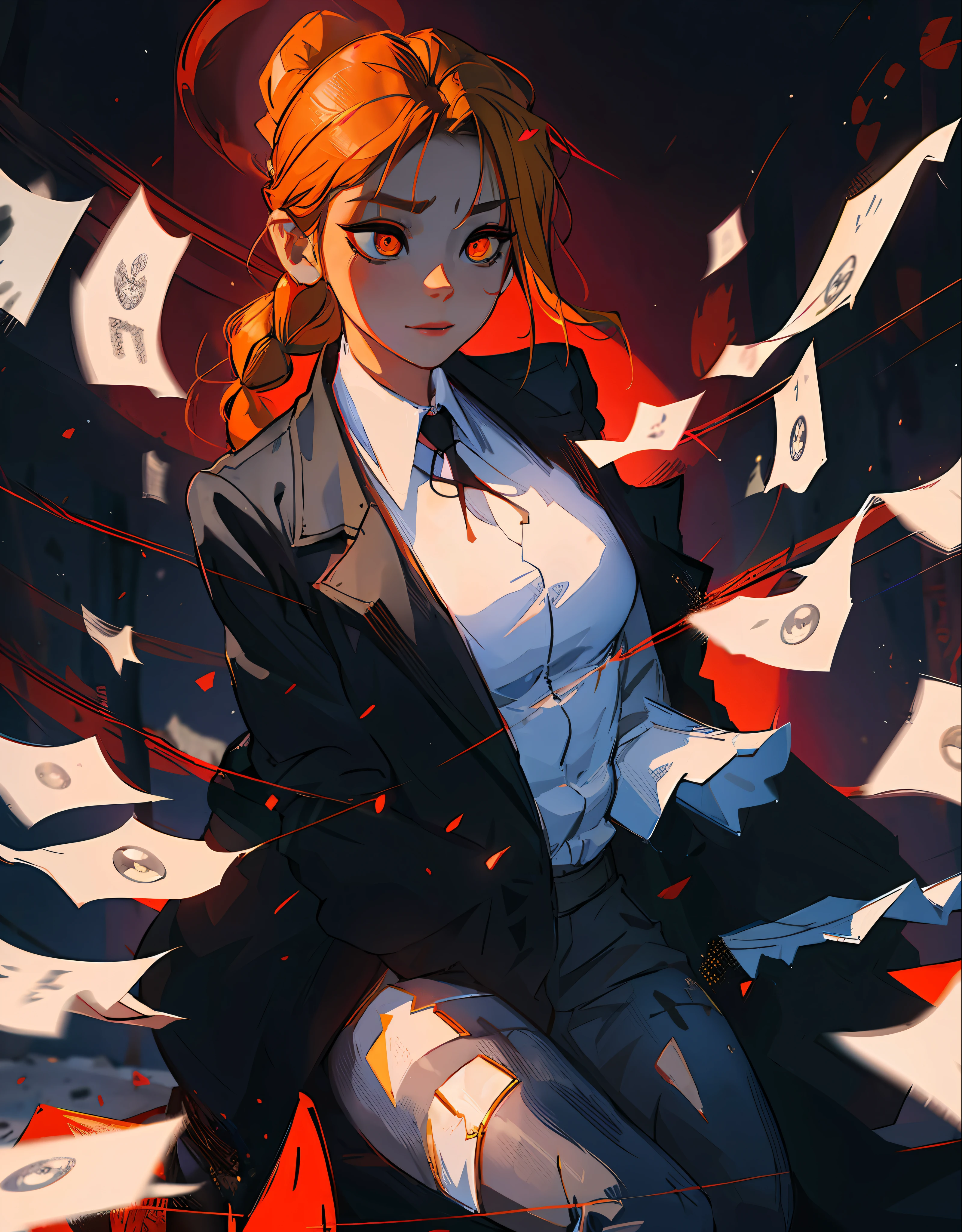 Maya, Makima Style, Ponytail, Villain, Red Glowing Eyes, Blonde Hair, Red Aspect, Fullbody, Dynamic Angle, Demonic Cult, Villain, Pray, Prayer, Worship, Star of David, Seria, Character Sheet, Closed Face, Despising, Bottom-Up Vision, Bottom Angle, Big Chest, Leader's Clothes, Leader, Effects, Creepy, Dark Composition, Dynamic, Creepy Face, Dark Light