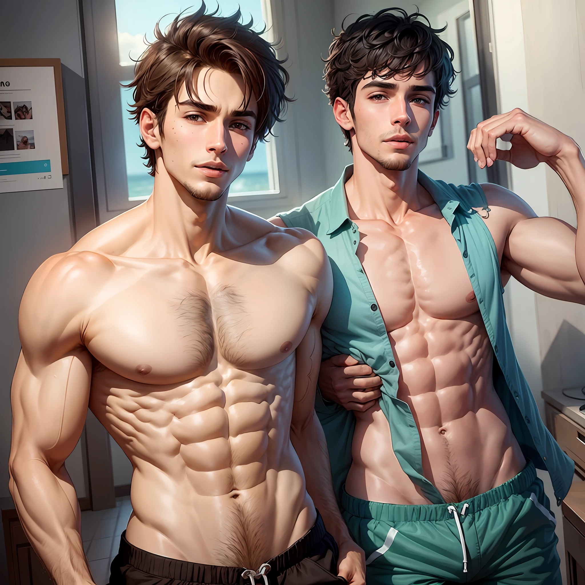 2 beautiful guys, shirtless, body defined, vibrant colors, boyfriends --auto --s2