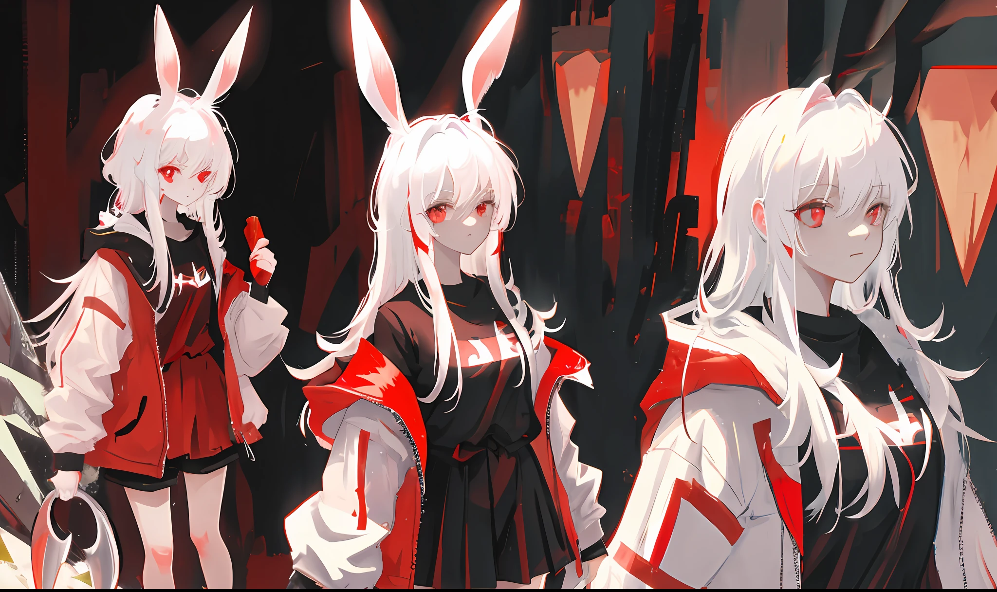Rabbit ears, sick petite, red eyes, white hair, blood, single, backhand with a knife, high image quality