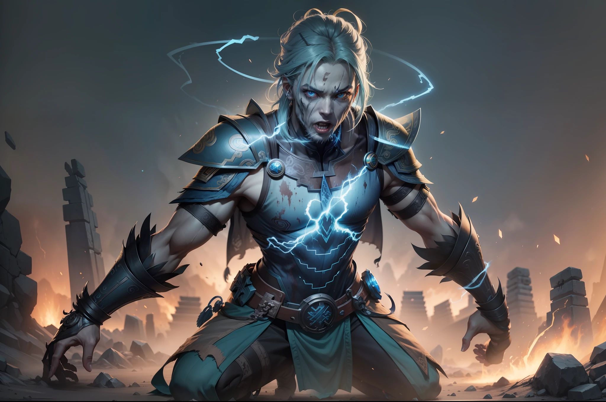 (Zombies in ancient cloth: 1.2), blue and black lightning light effect particles emitted on the body, (Qin Kingdom border ancient battlefield as background: 1.1), (best quality), full body, ultra-wide angle, clear HD, 8K resolution, digital painting, concept art, Shinkai Makoto style, POP trend, Pixiv hot trend