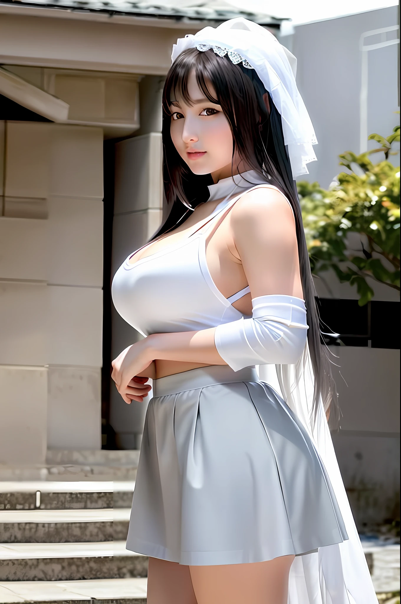 ((((((looking at camera)))))), Photo, Best Quality, Masterpiece, Super Resolution, (Photoreal: 1.4), 1 very young Caucasian girl, 18 years old, very white beautiful face, white face, Smile, long black hair, (((huge bust))), tall, long legs, white shirt, (((gray skirt))), famous Japanese actress, very beautiful, 8k, full body, town, sidewalk , ((((((equal body)))))),(((from side)))