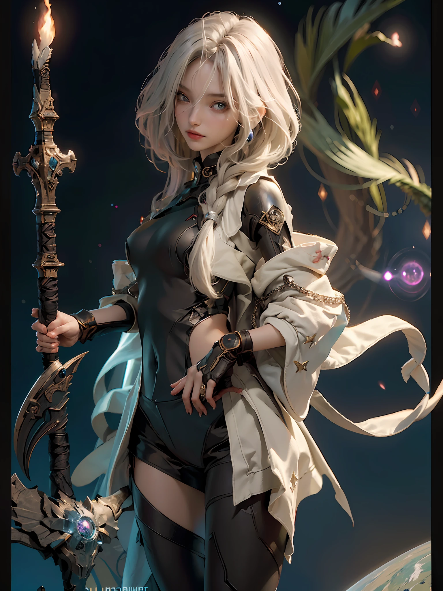 ((Best Quality)), ((Masterpiece)), (Details: 1.4), 3D, bust, (Little Girl), (solo: 1.3), Portrait, tachi-e, (Straight Face)), (Body Front), (A Beautiful Pixie Loli Image), (Small breasts: 1.3), ((bust)), (upper body), (slender perfect body: 1.2), (perfect face: 1.2), (young face: 1.3), (perfect eyes), (perfect hands), (perfect fingers), (soft and simple hair: 1.5), (simple tight clothes: 1.3), (tight shorts), golden hair, neckband, (collar), (metal gloves: 1.2), (weapons), chains, in the distant future, the line between science fiction and fantasy has disappeared, and the world is an awesome tapestry of wonder. Enter a universe where magic and technology coexist in harmony and shape the fate of civilization in the vast expanse of space. At the heart of this field is celestial relations, an interstellar center of mysterious energy and technological wonders. Here, arcane knowledge is intertwined with cutting-edge science, giving birth to a society brimmed with the power of ancient spells, while occult arts enhance technology. As a young explorer, embark on a grand adventure destined to unlock the secrets of the celestial bond. As you travel through the uncharted realms of the universe, encounter various civilizations full of creatures with extraordinary abilities. From the ethereal spire of the elves, where the art of traveling across dimensions is perfected, to the cybernetic enclave of the Android Group, witness the tapestry of life where magic and technology intertwine. Unleash your latent power as you adapt to the energy flowing through the Nexus. Take advantage of the ancient spells of forgotten witchcraft to propel your starship through the vast universe. Wield enchanted weapons infused with futuristic enhancements to shape surging energy and engage in epic battles against cosmic abominations and intergalactic tyrants. Uncover the origins of this harmonious blend of magic and technology as you delve into the mysterious realm of celestial relationships. Discover