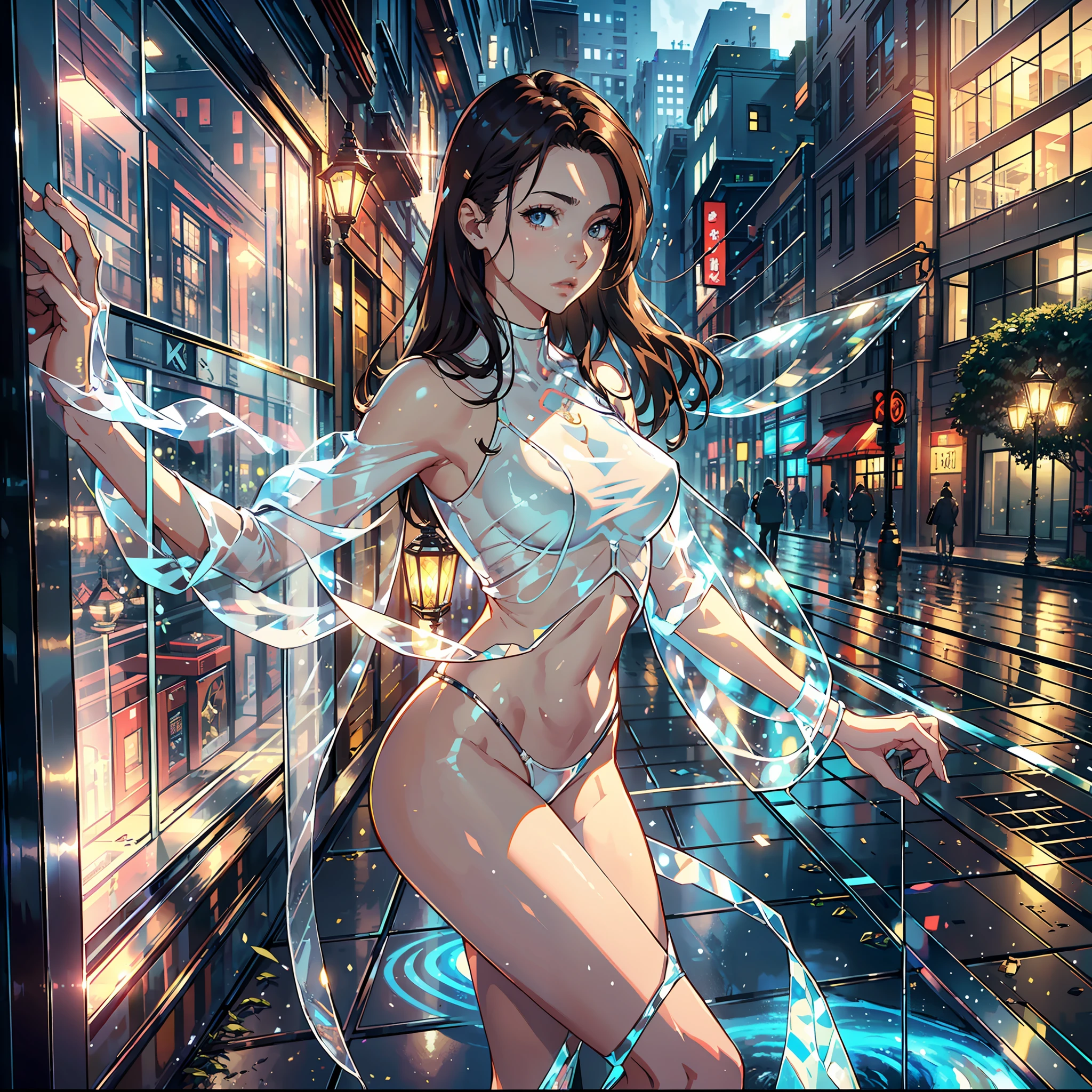 ((Realistic lighting, Best quality, 8K, Masterpiece: 1.3)), Clear focus: 1.2, 1girl, Perfect Figure: 1.4, Slim Abs: 1.1, ((Dark brown hair)), (White crop top: 1.4), (Outdoor, Night: 1.1), city streets, ultra-fine face, fine eyes, double eyelids, glass body, transparent body, glass body, clear, translucent, glass skin, glass, glass glass, glass transparent skin, transparent body composed of glass, glass body, spar body, --auto --s2